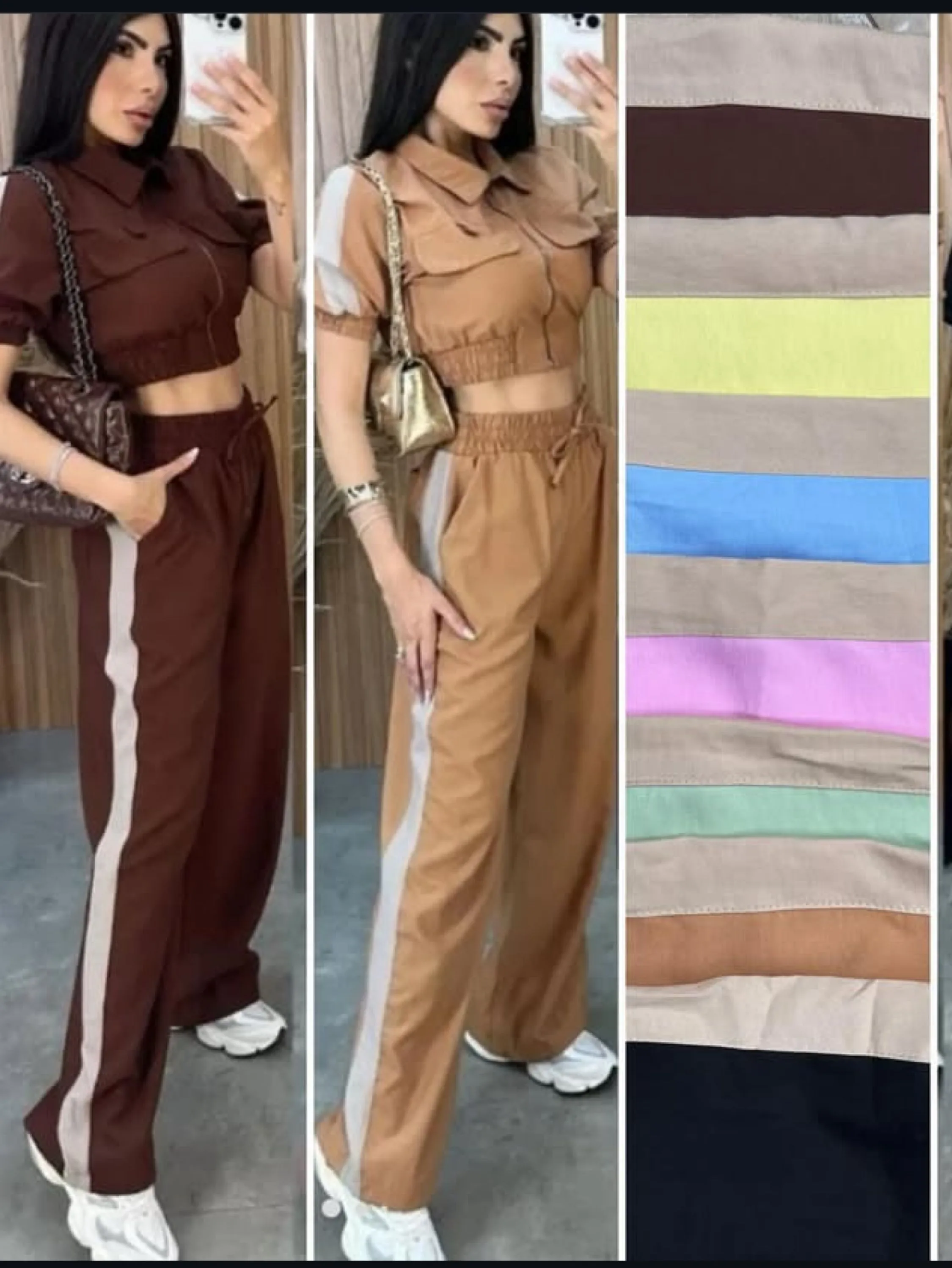 Conjunto crooped e pantalona tecido sensorial veste até 40