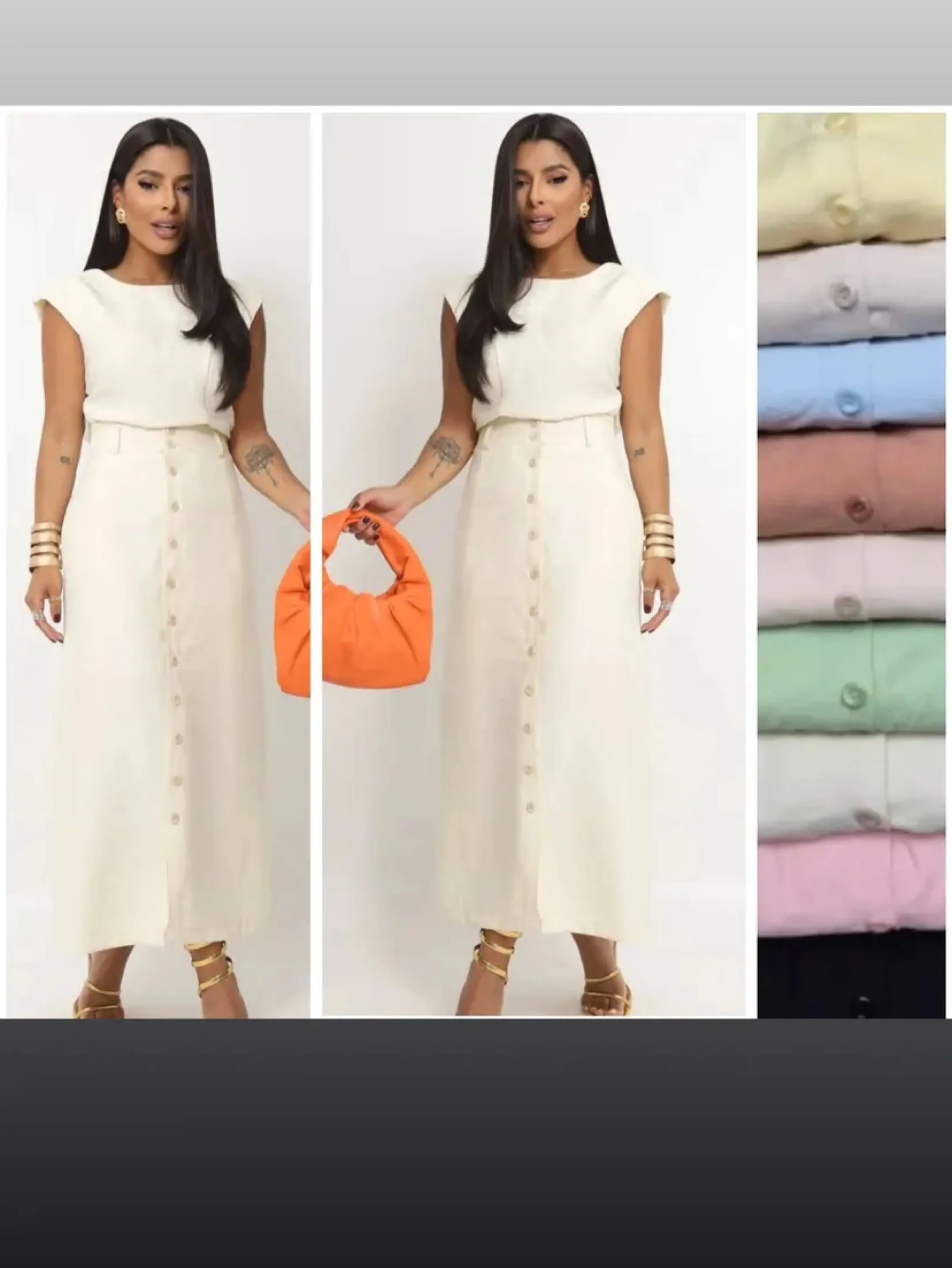 Conjunto saia midi com botões e blusa manga japonesa