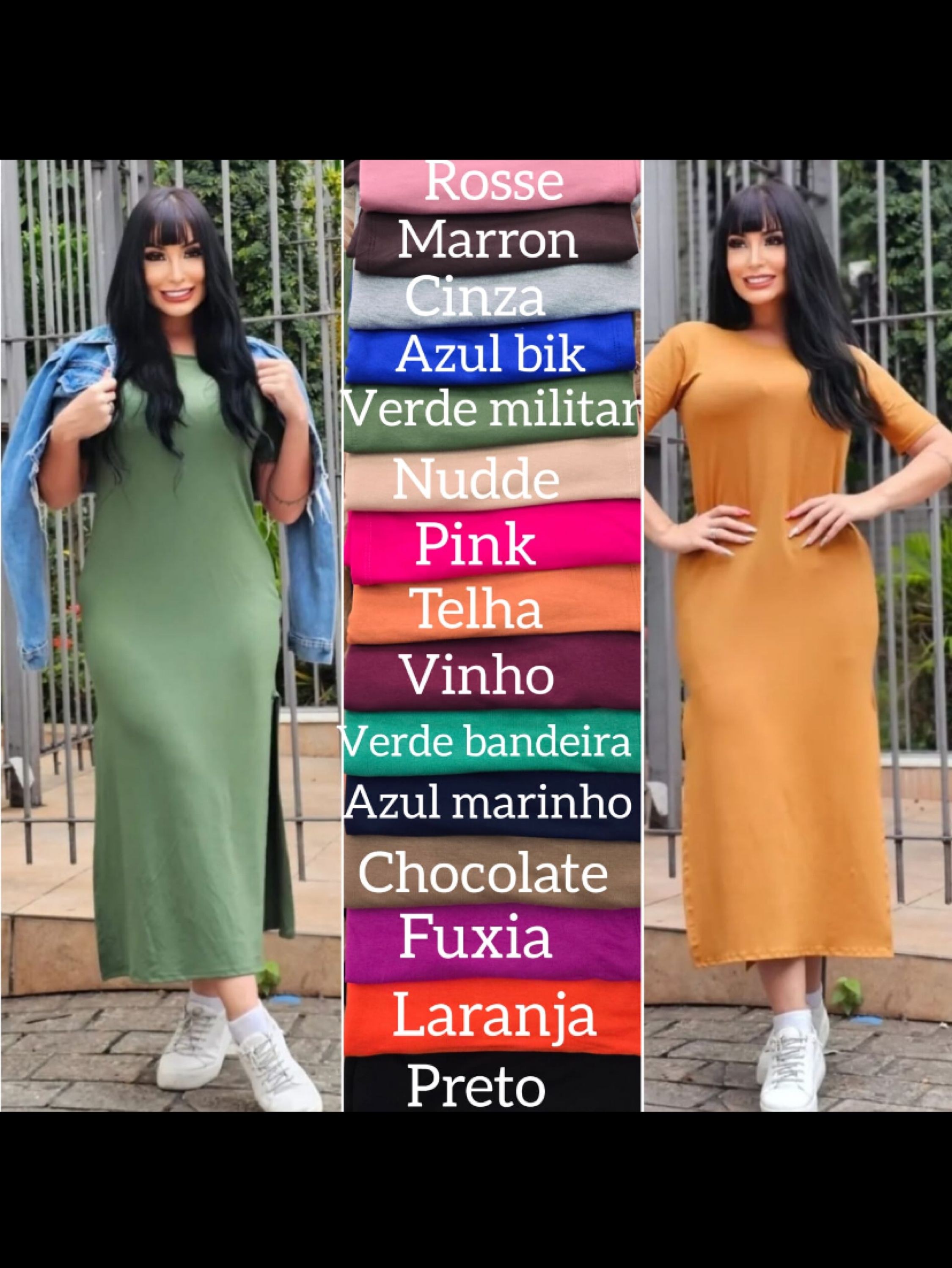 Vestido longo com manga e fenda tecido moletinho