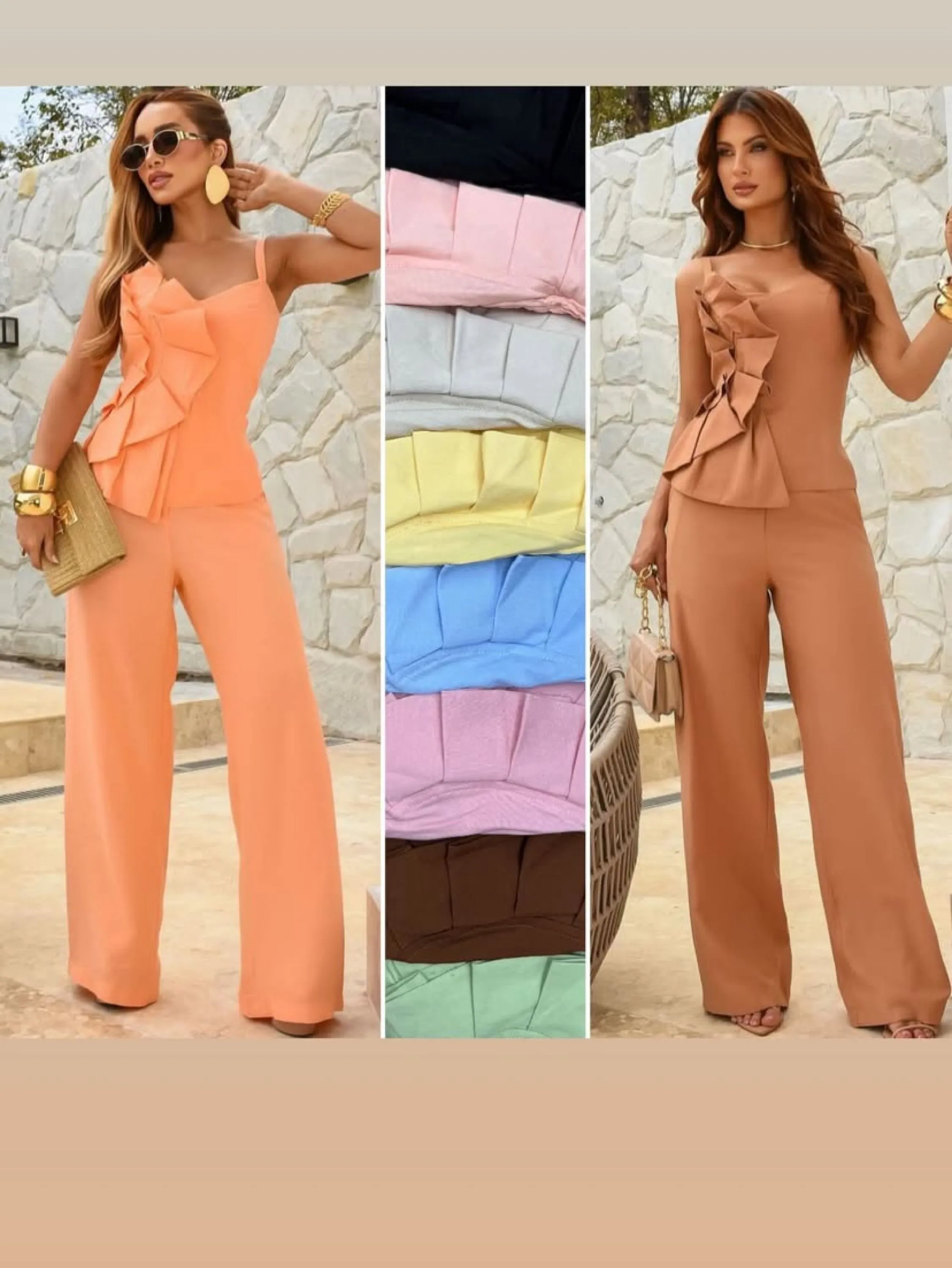 Conjunto Pantalona com bolsos e blusa detalhe Flor