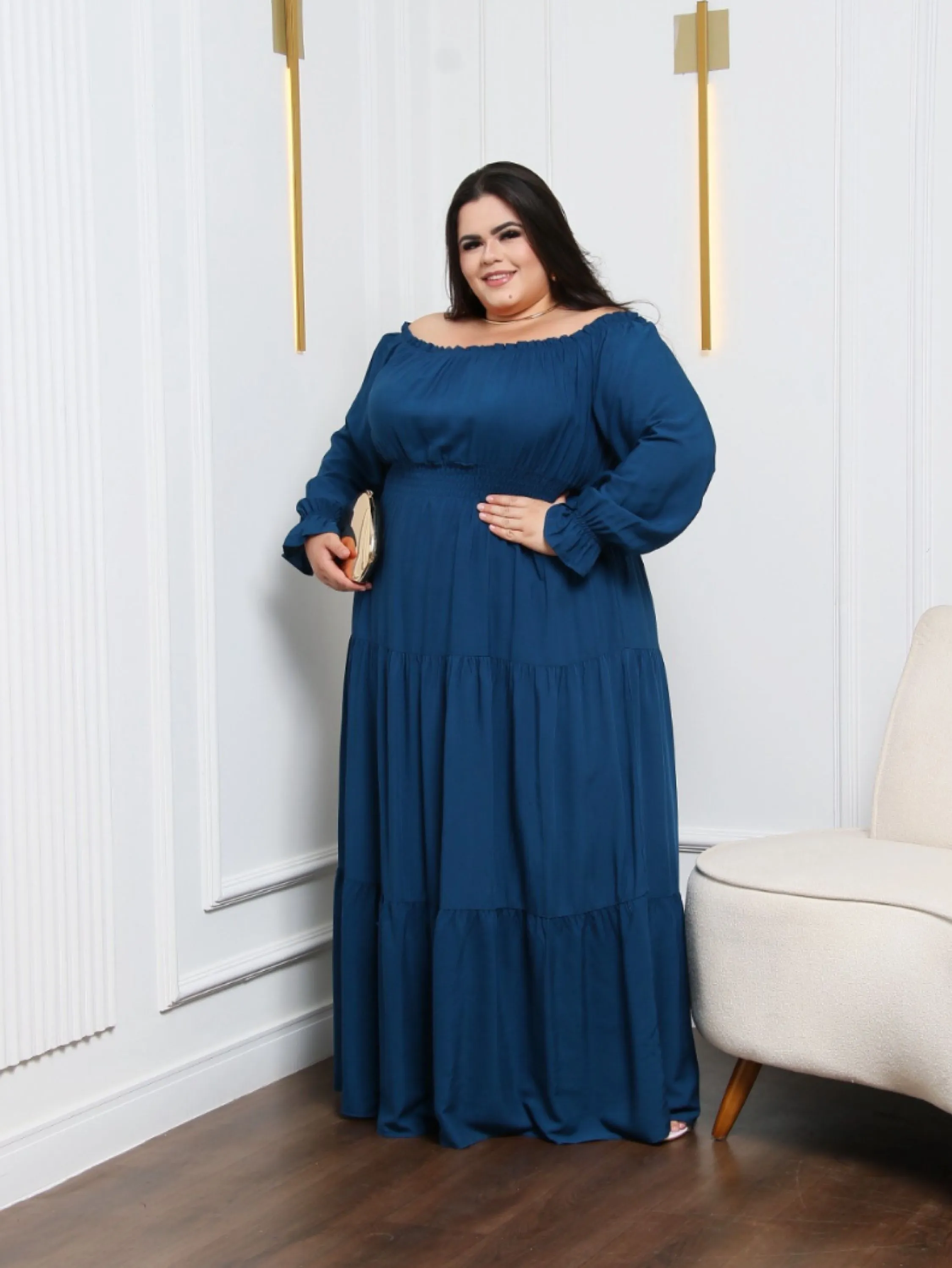 Vestido longo ciganinha manga longa Plus size