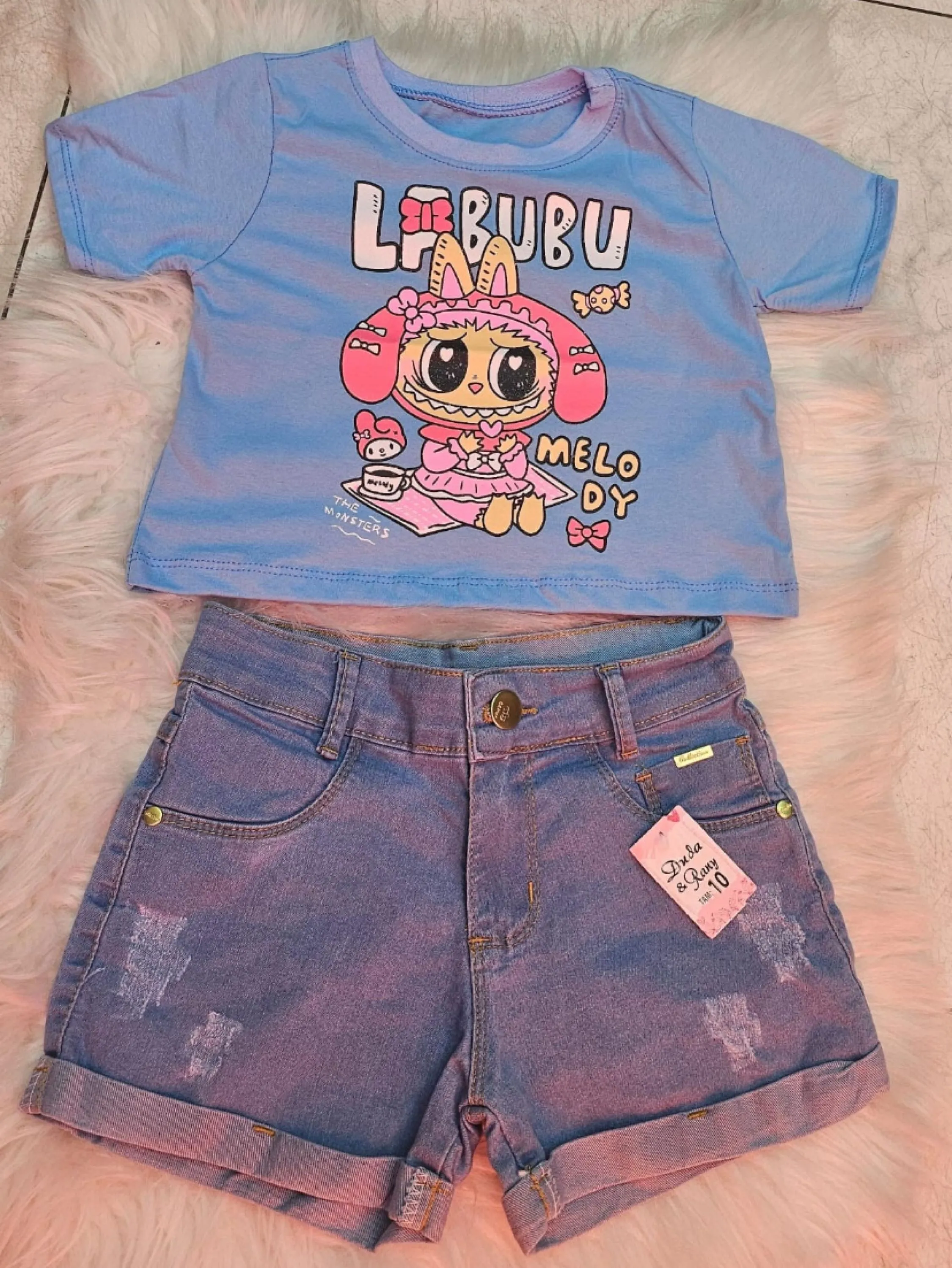 Conjunto shorts jeans e crooped infantil/juvenil
