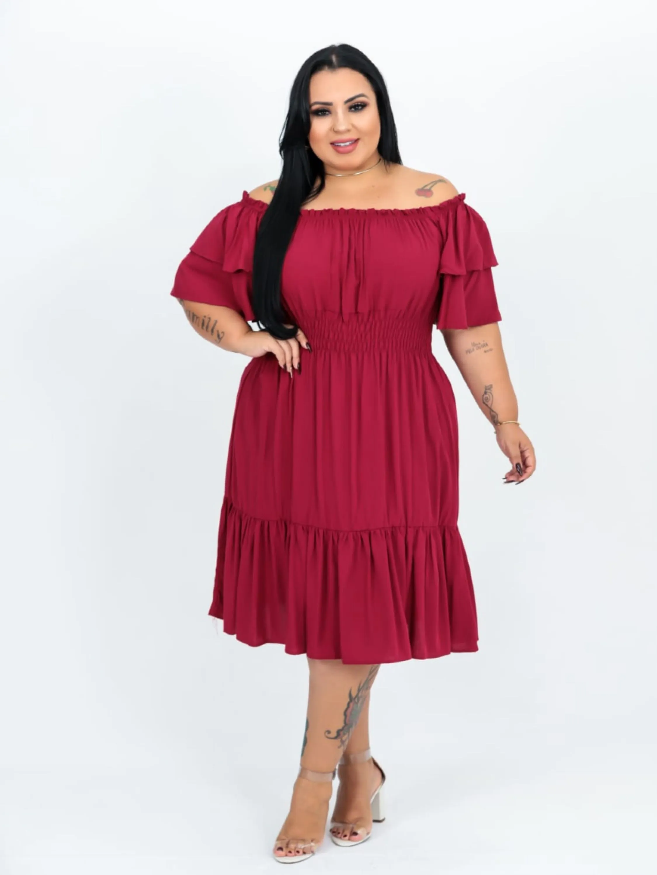 Vestido curto plus size manga babado veste até 52