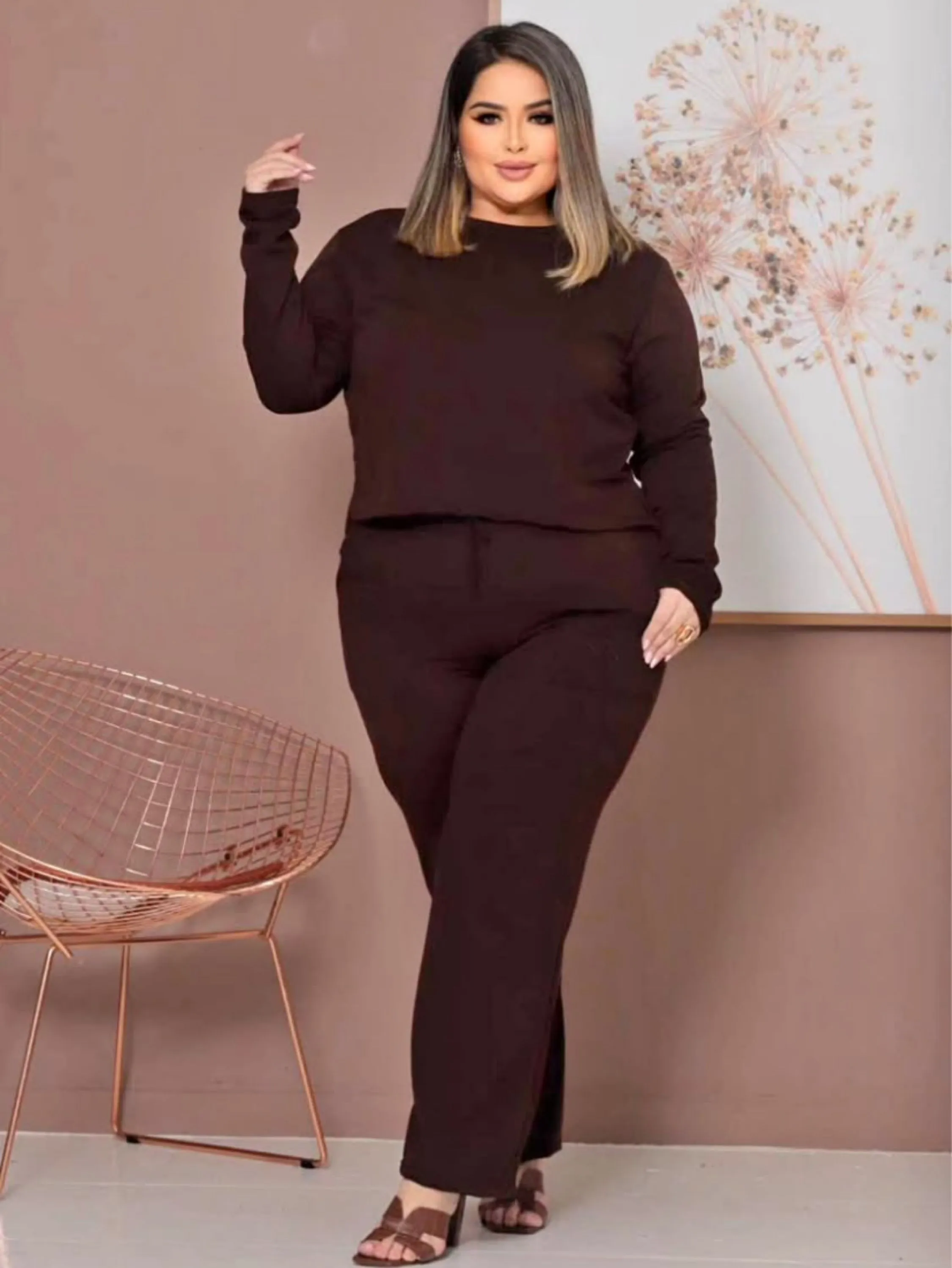 Conjunto pantalona e manga longa Plus dizer tecido moletinho
