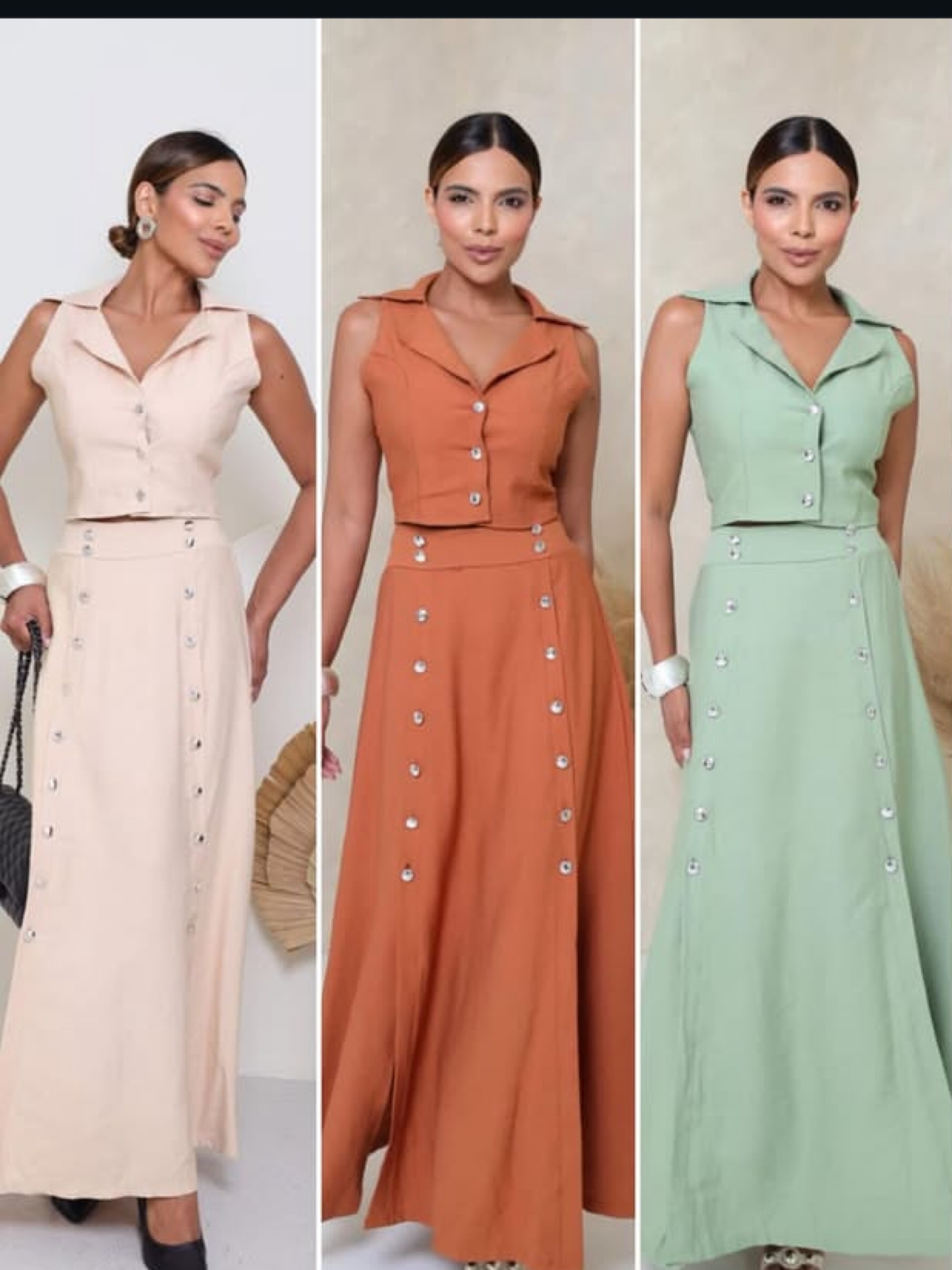 Conjunto saia longa e colete feminino