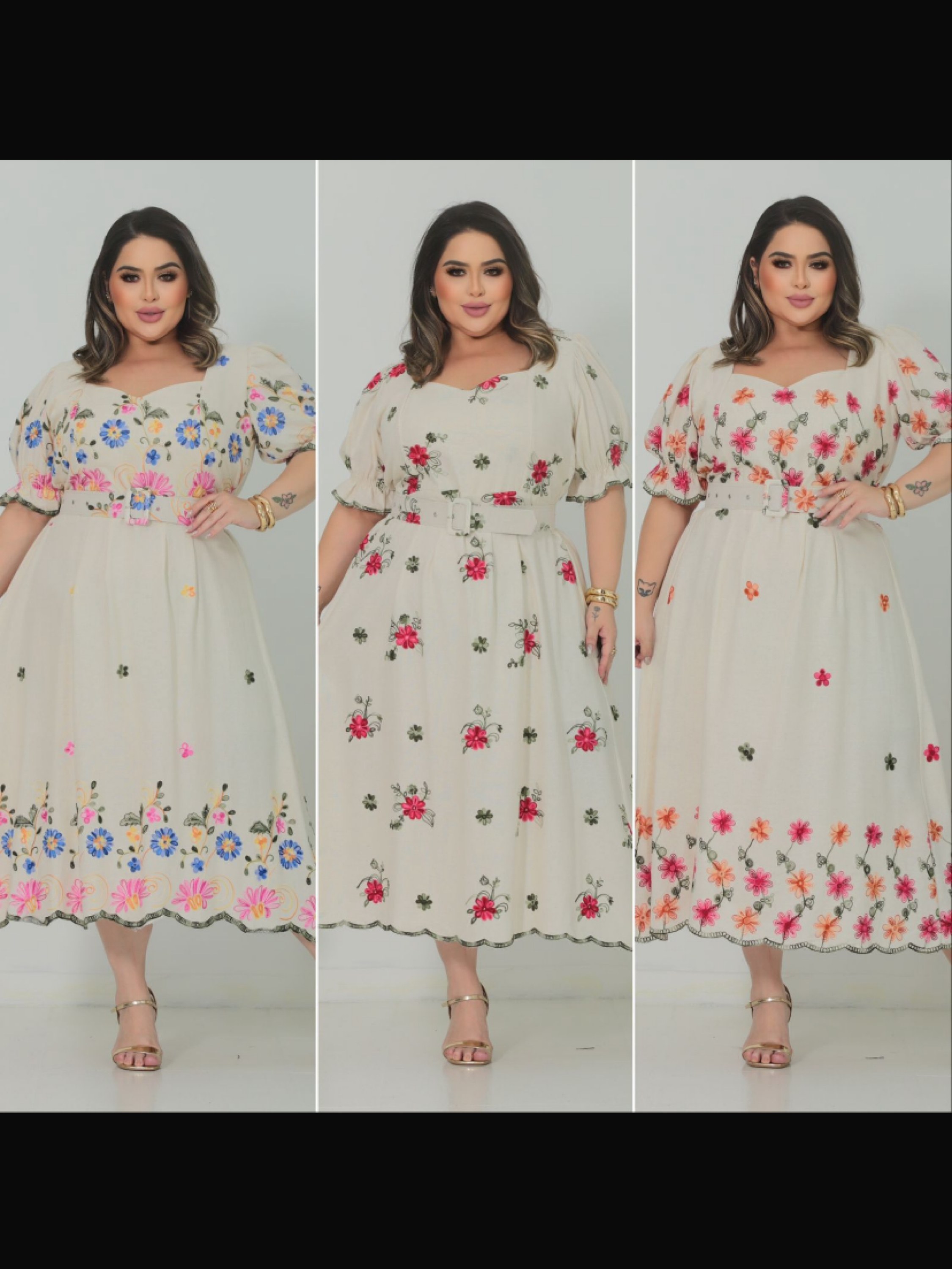 Vestido mídi bordado , gola coração ,possui forro