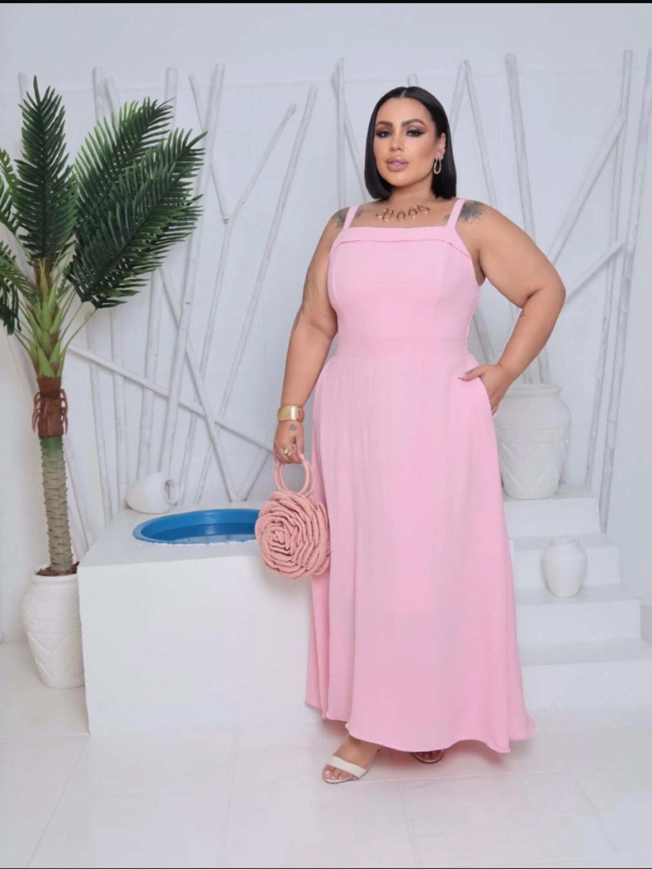 Vestido longo de alça regulável com elastex nas costas