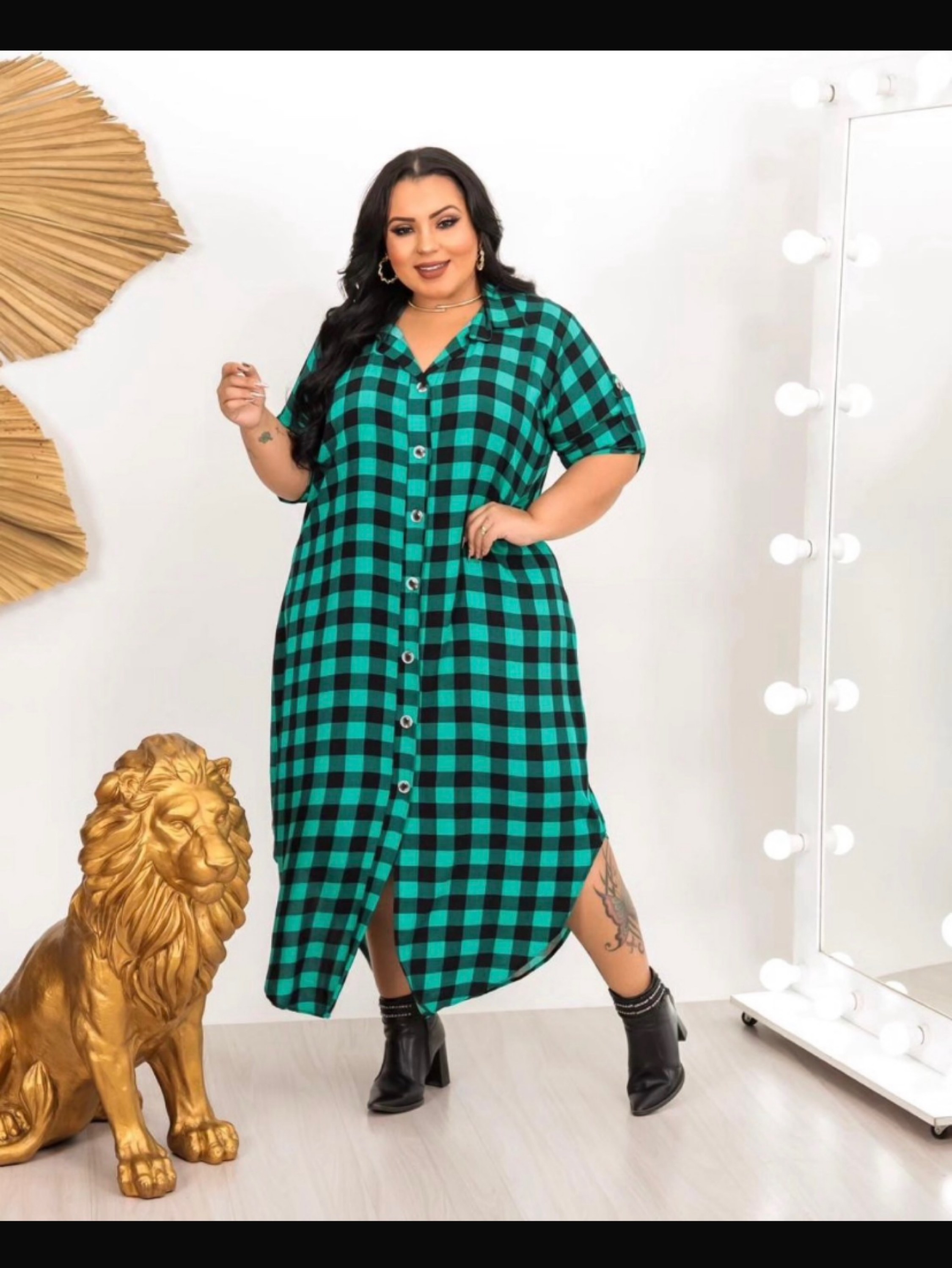 Chamise longa xadrez manga longa Plus size