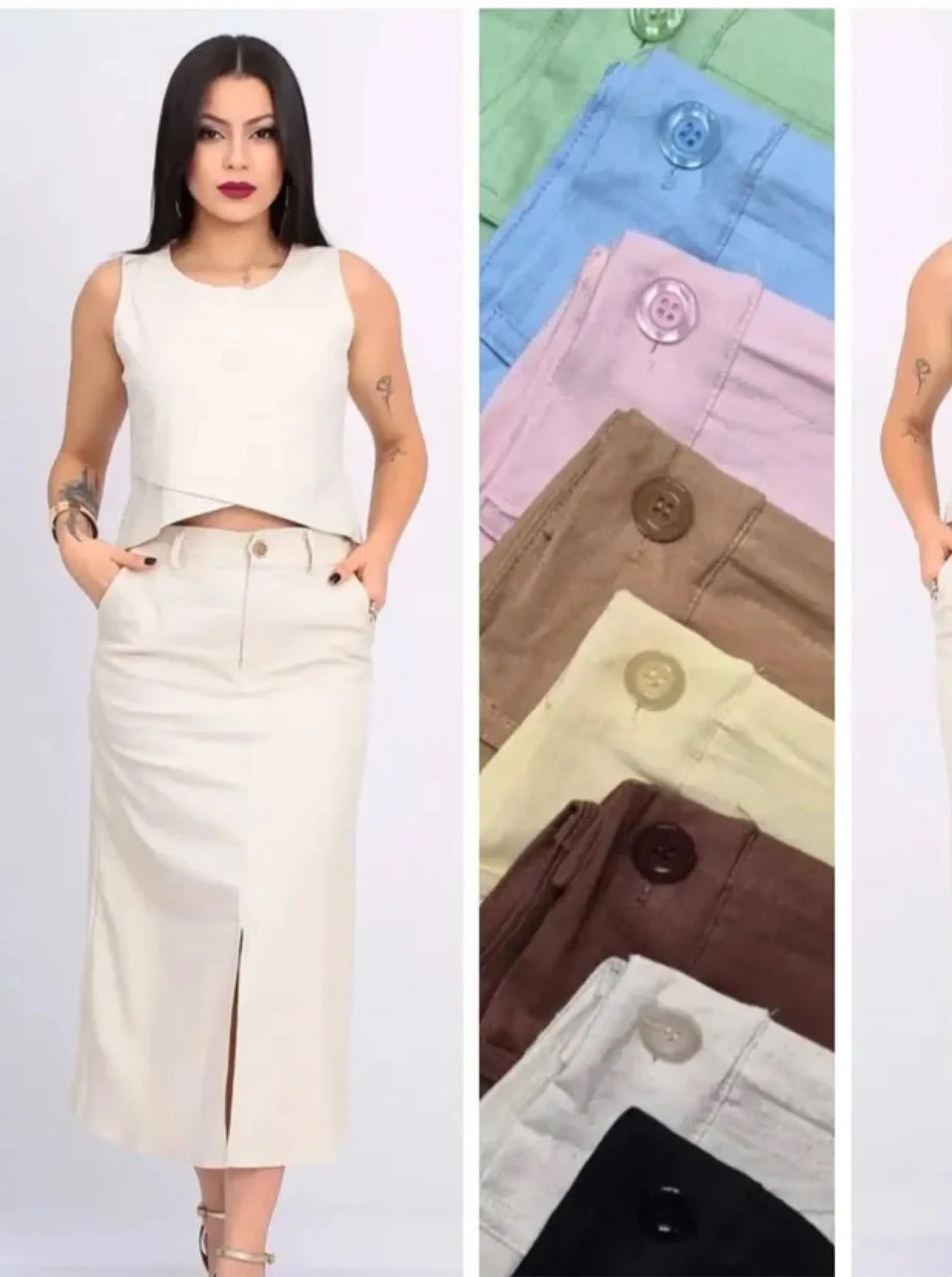 Conjunto saia midi com fenda frontal e regata transpassada
