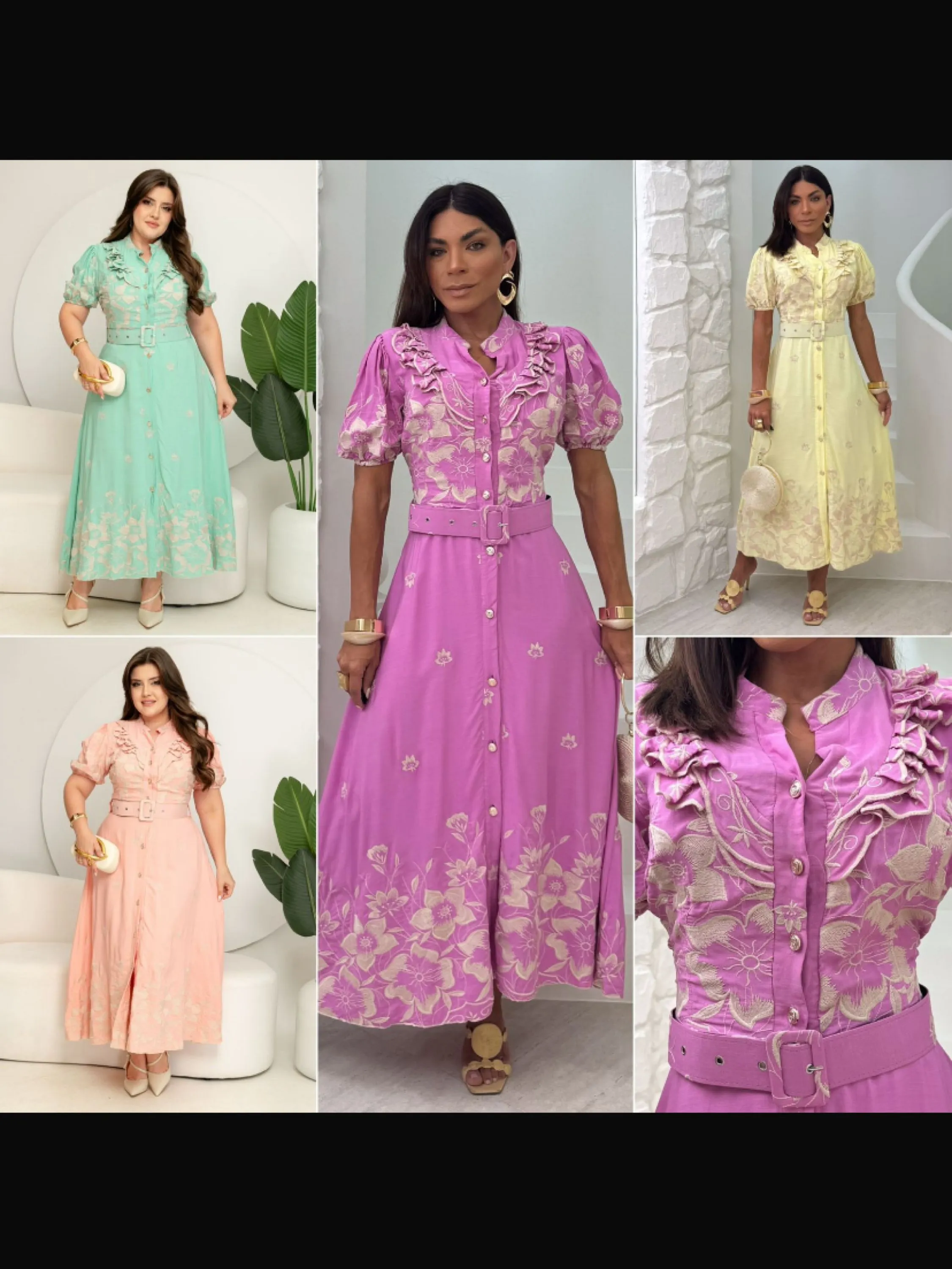 Vestido longo bordado forrado manga princesa e cinto