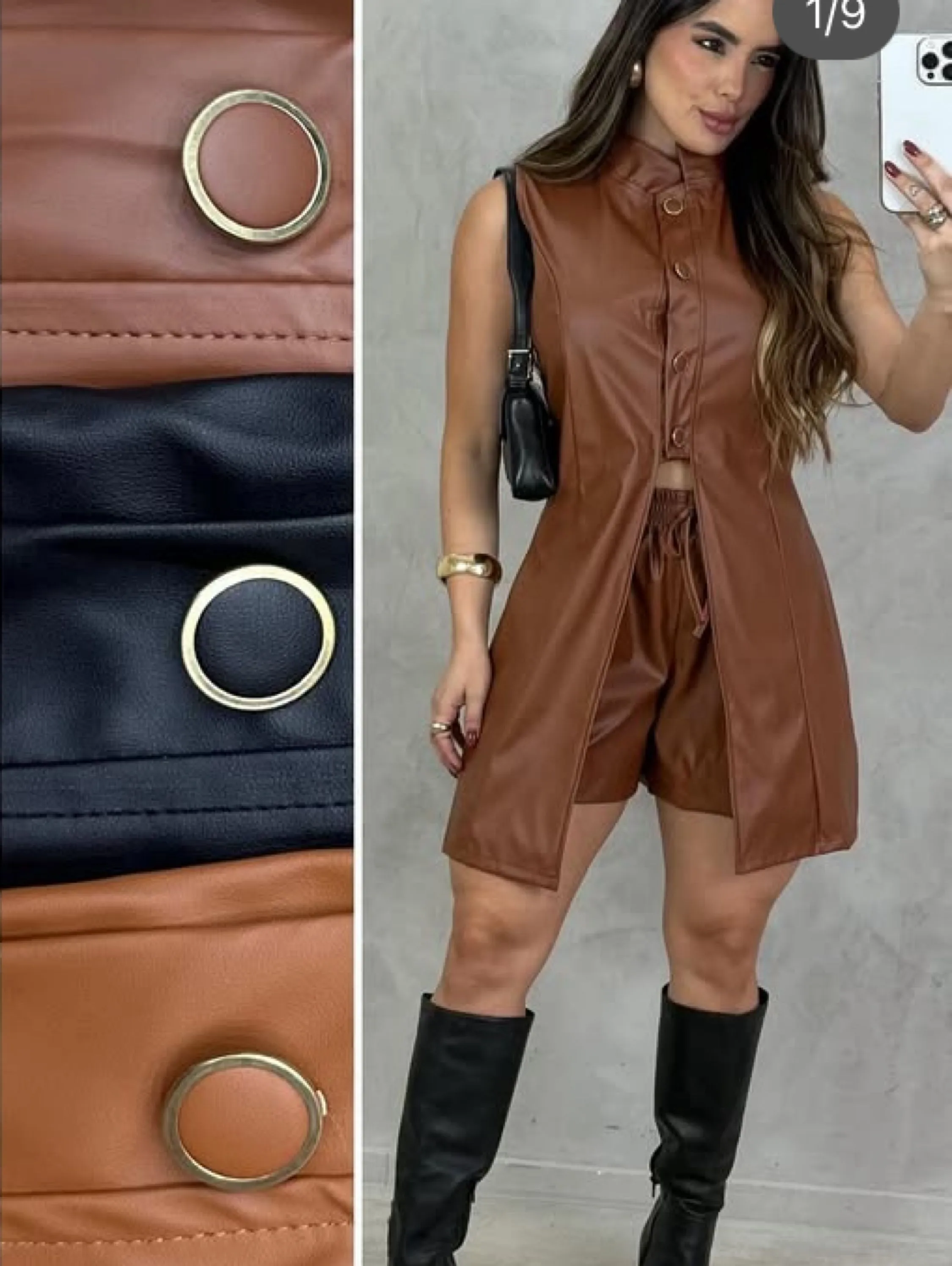 Conjunto shorts e colete alongado courino fake