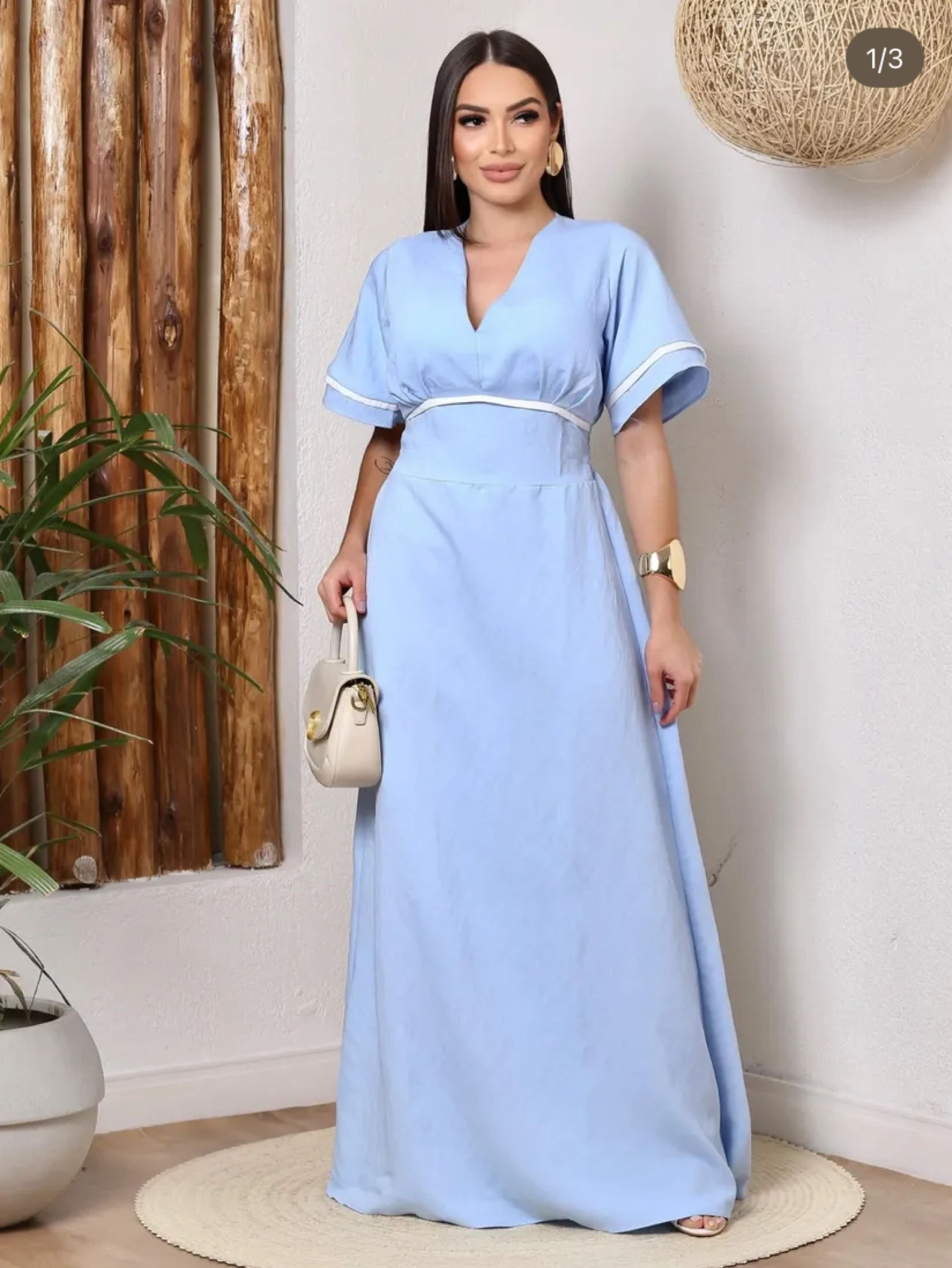 Vestido longo gola de manga e gola V