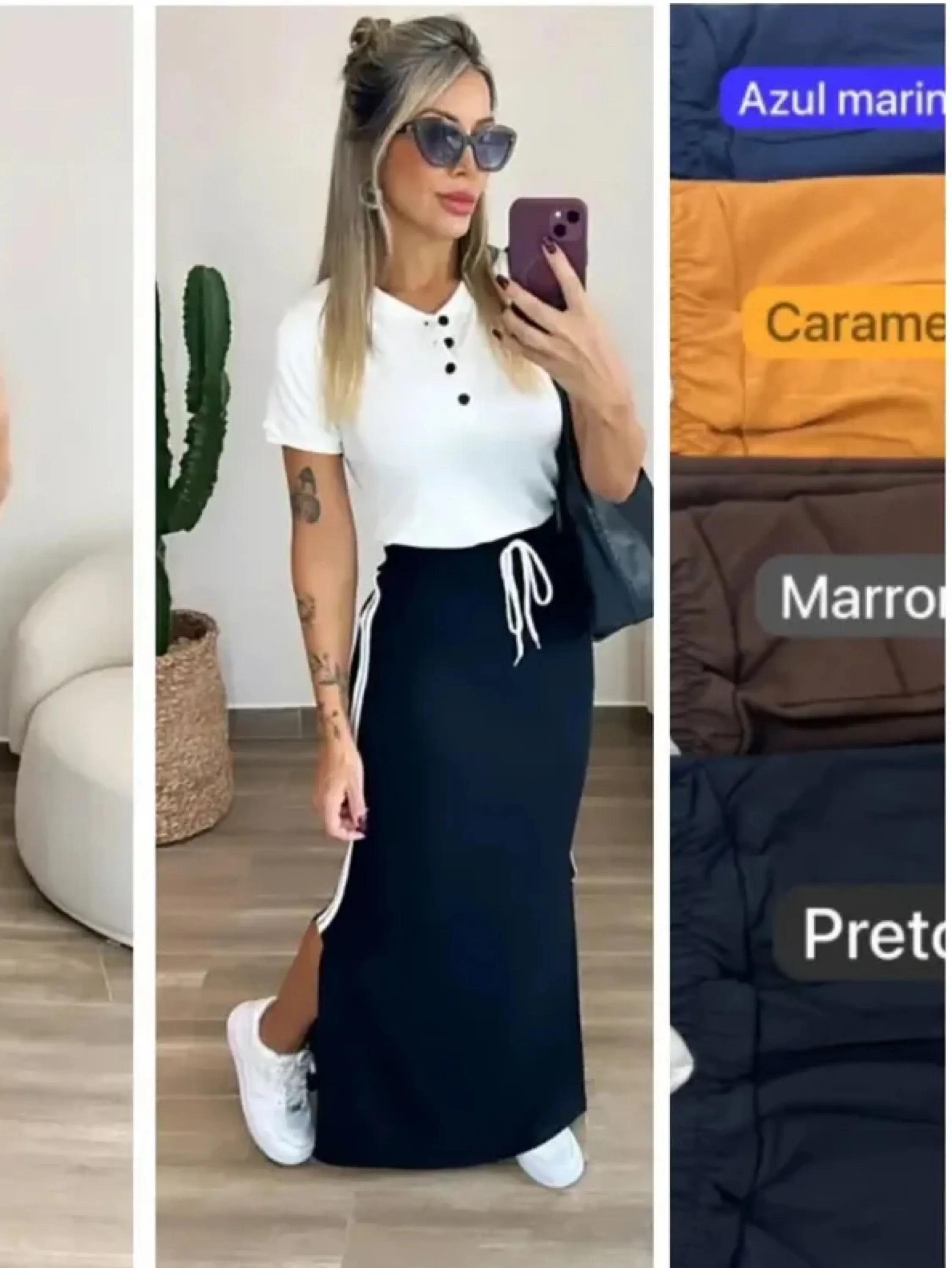 Conjunto saia longa com fenda e T-shirt detalhe de botão