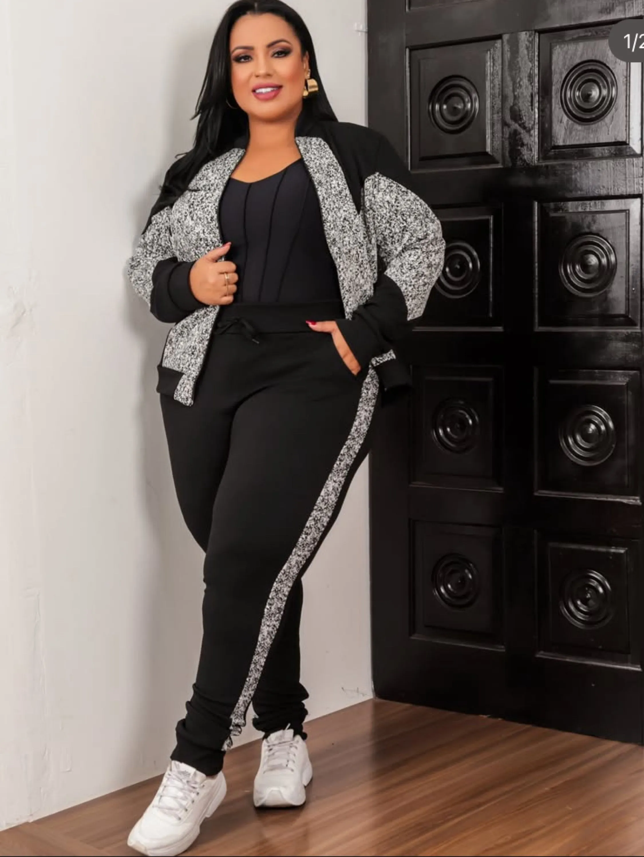 Conjunto calça e jaqueta Plus size tecido jaquart