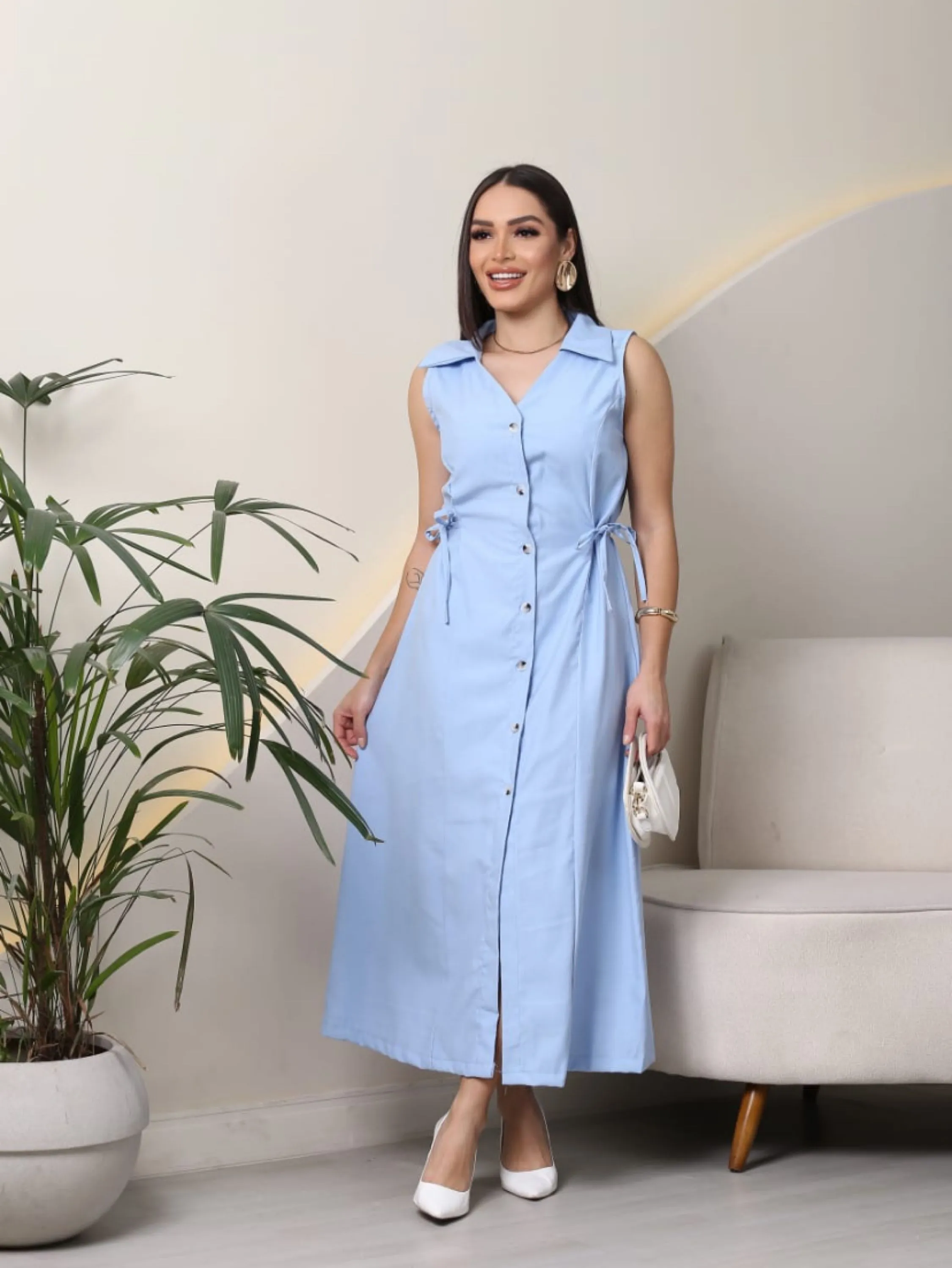 Vestido longo laços na cintura regata tecido sensorial
