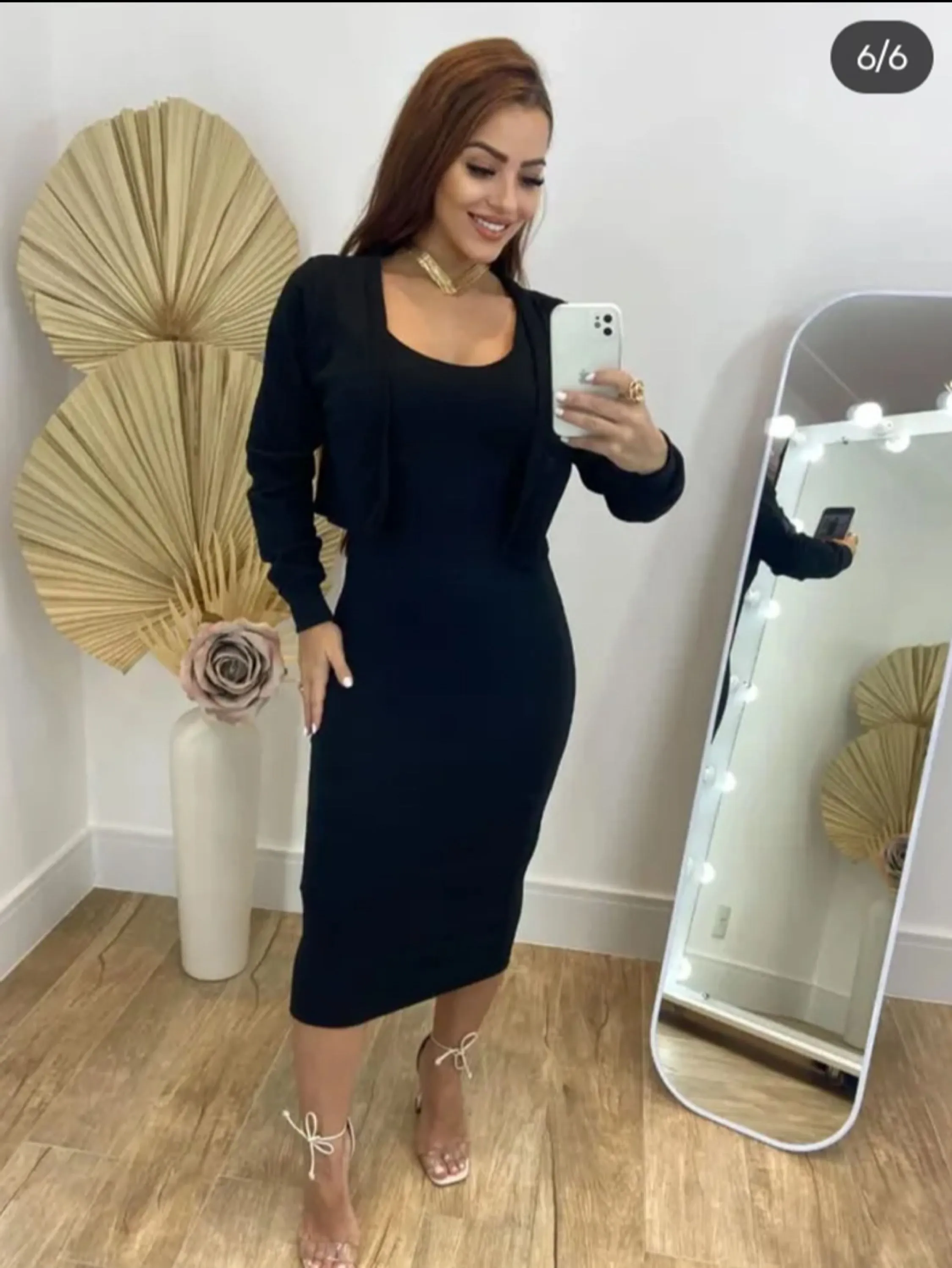 Vestido mídi alcinha e casaquinho tecido anarruga