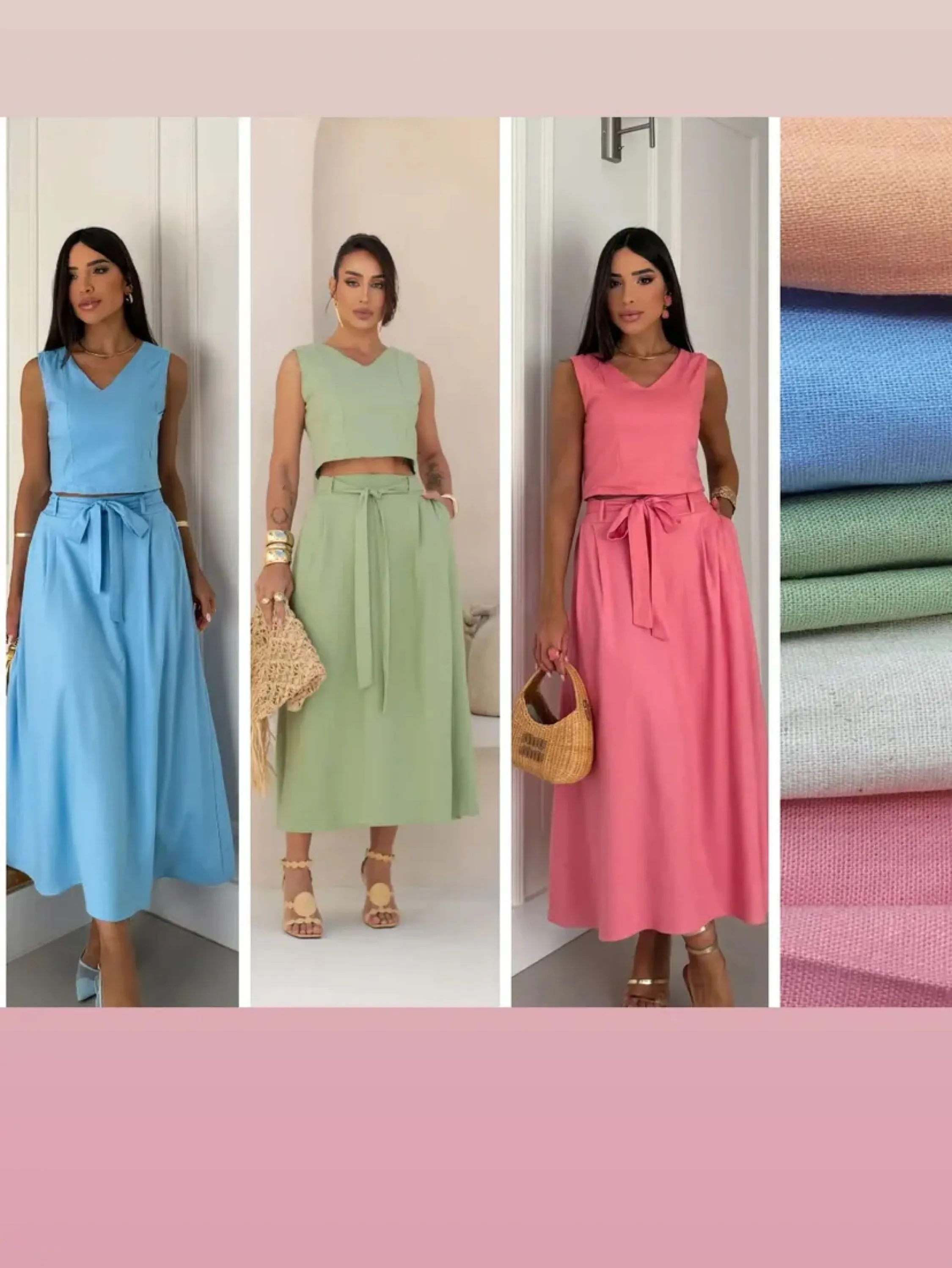 Conjunto saia longa  com cinto e regata tecido linho
