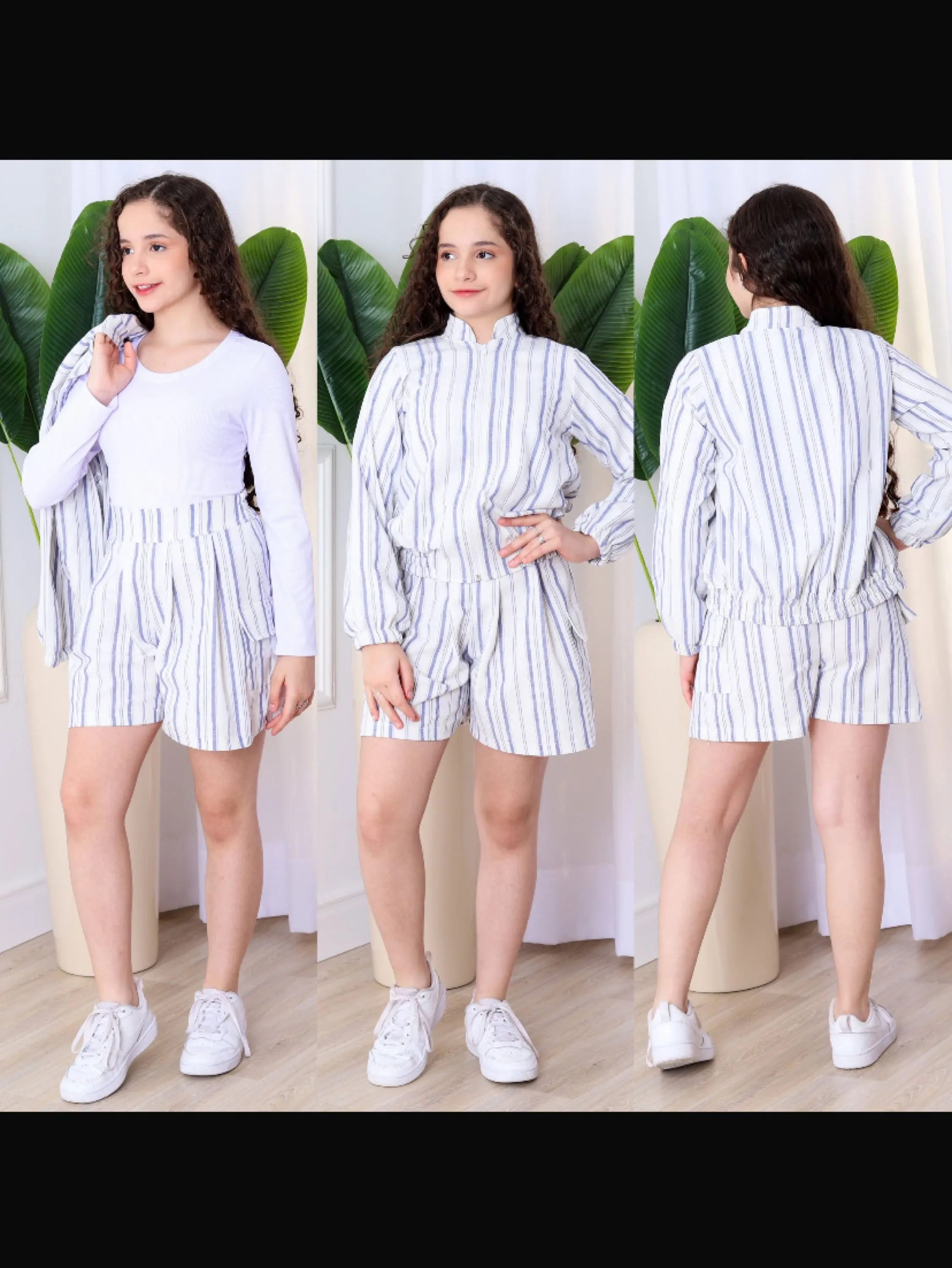 Conjunto shorts e jaquetinha juvenil listrado tecido linho