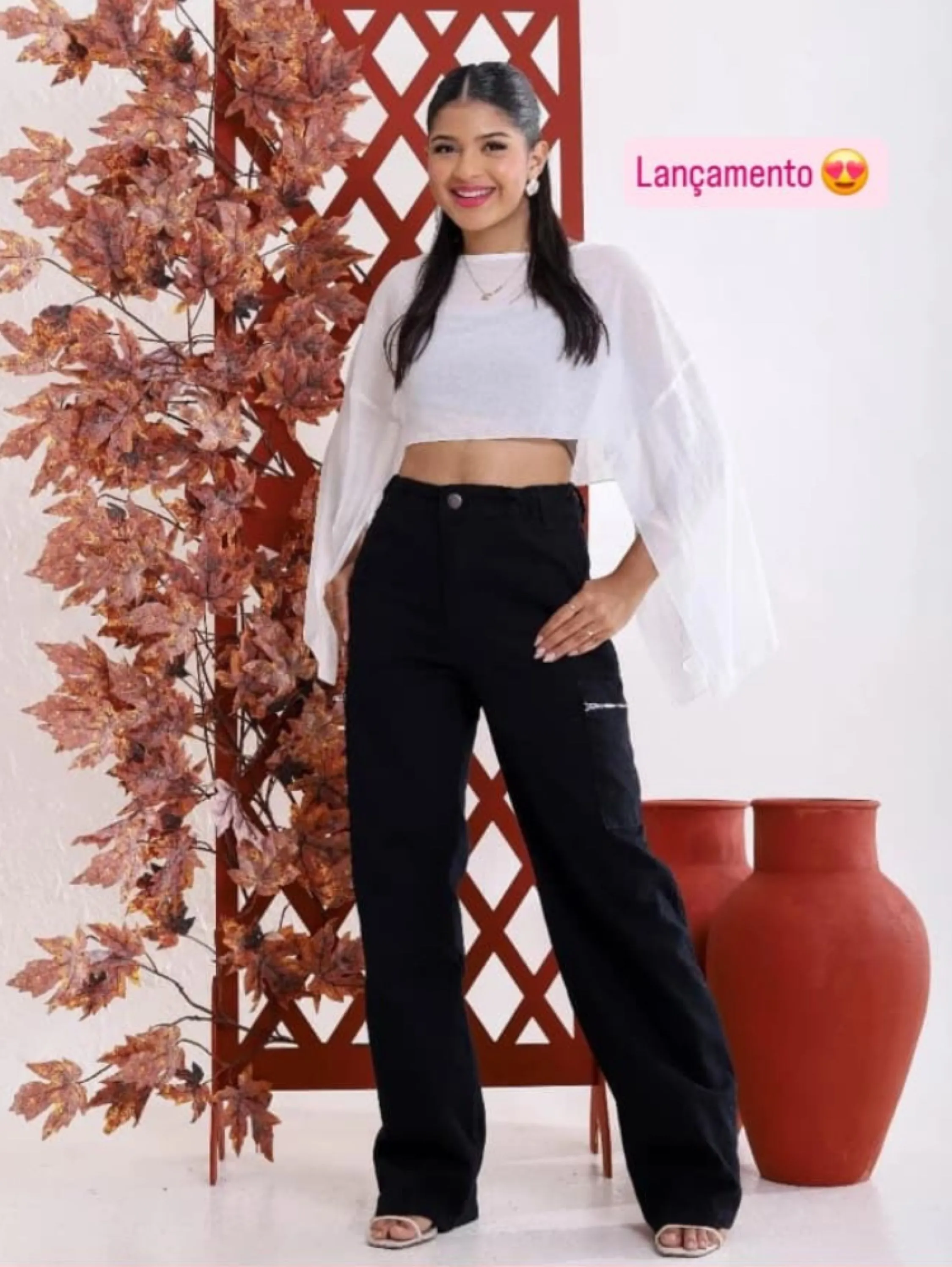 Calça jeans Preta cargo com zíper juvenil