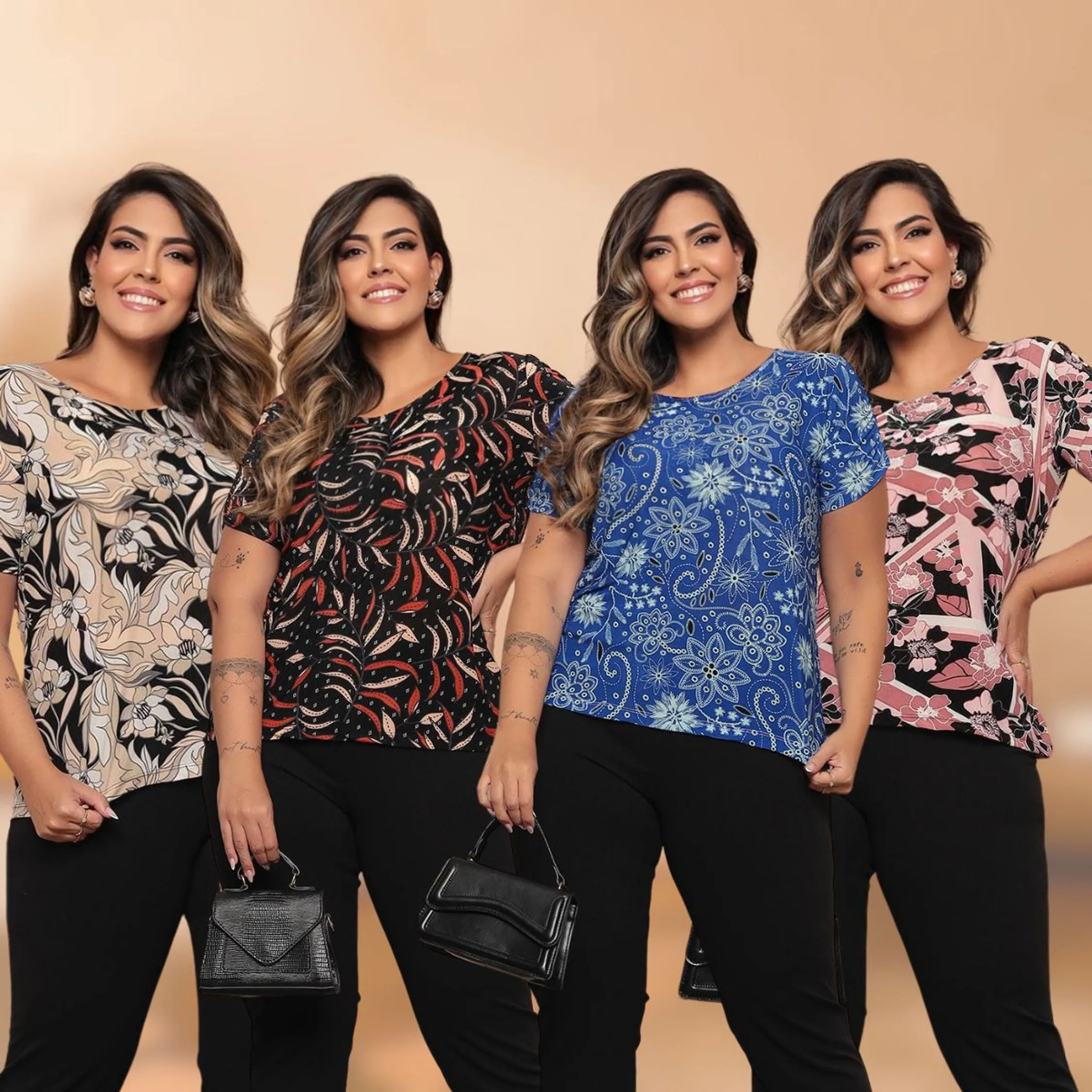 Kit 4 Blusas Plus Size Estampada Versátil Casual Manga Curta Liganete Estampa Sortida