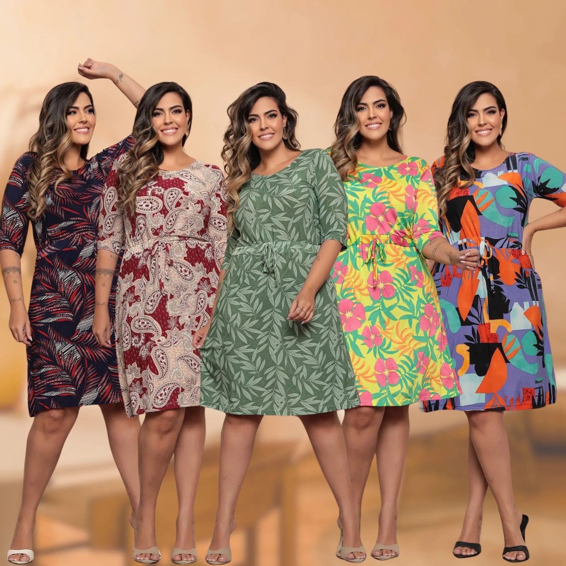 Kit 5 Vestidos Plus Size Estampado Manga 3/4 Com Cordinha Na Cintura Estampa Sortida