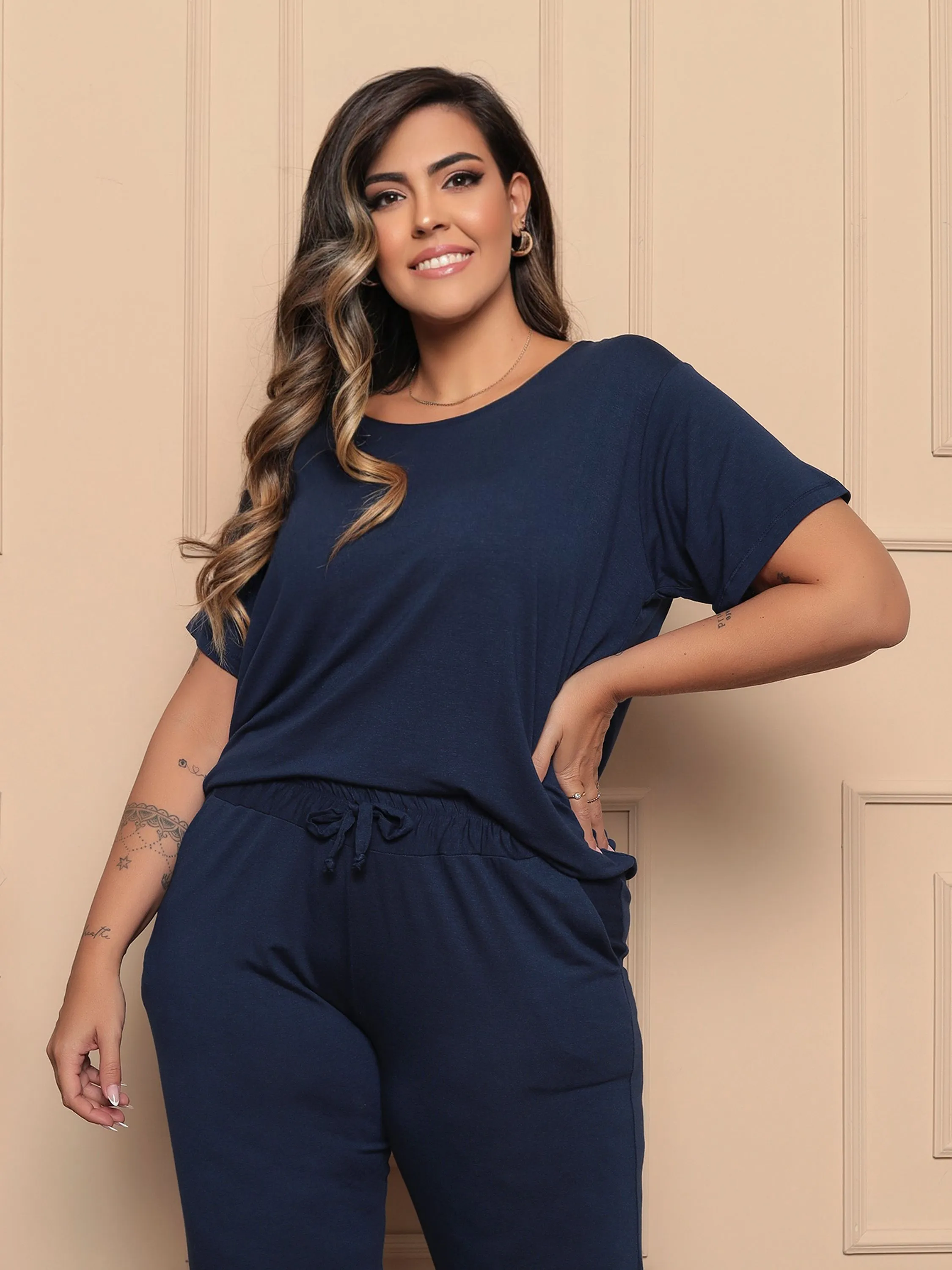 Conjunto Plus Size Manga Curta Confortável Casual Premium