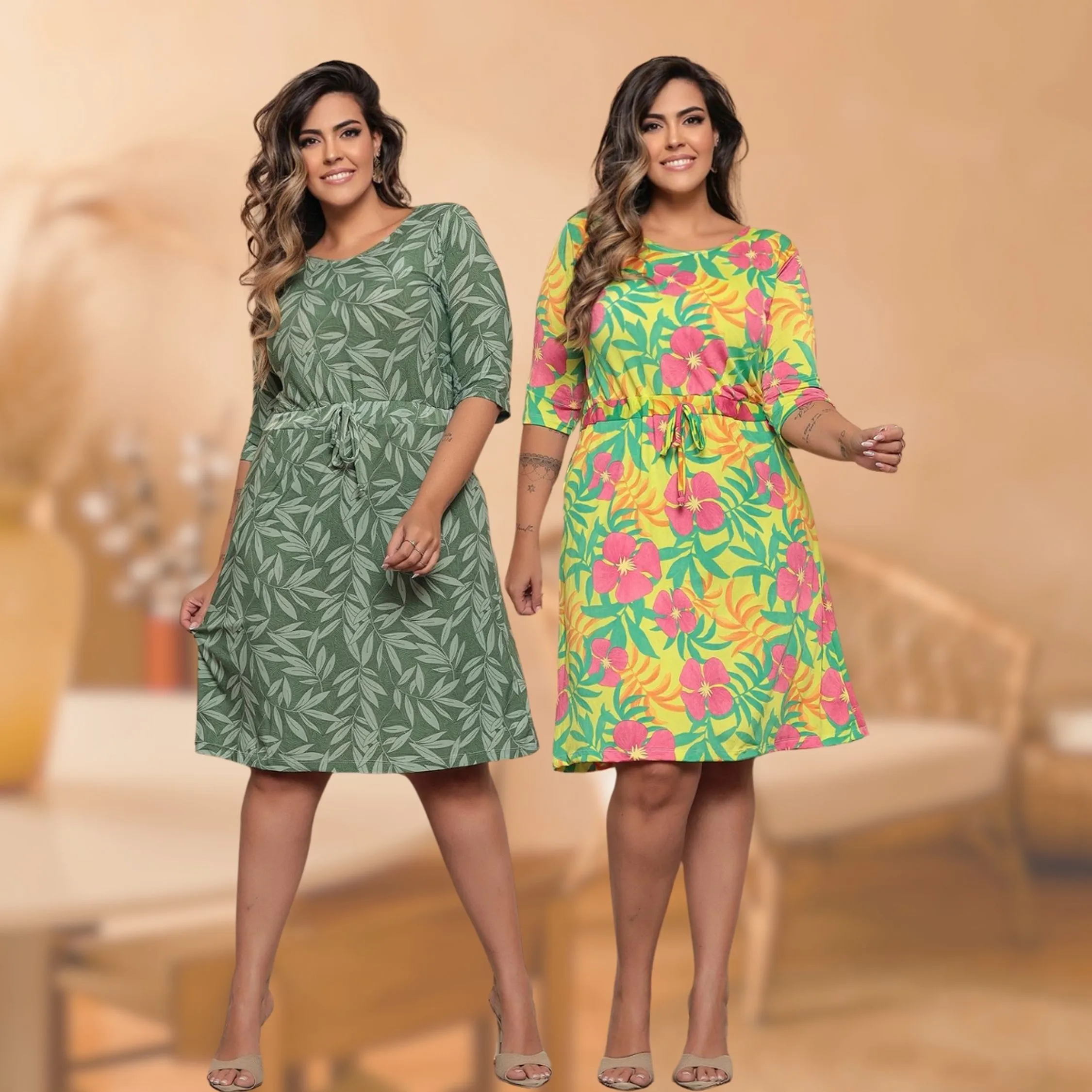 Kit 2 Vestidos Plus Size Estampado Manga 3/4 Com Cordinha Na Cintura Estampa Sortida