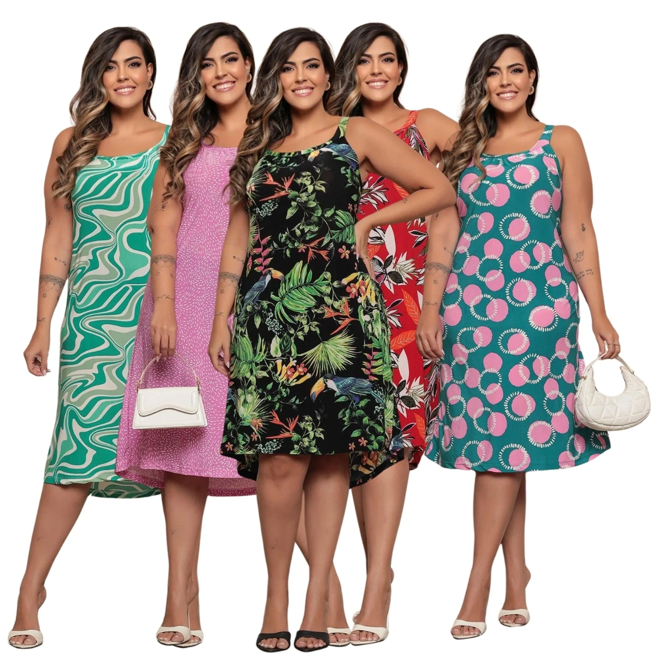 KIT5 Vestido Estampado Plus Size de alcinha Liganete Premium Estampado