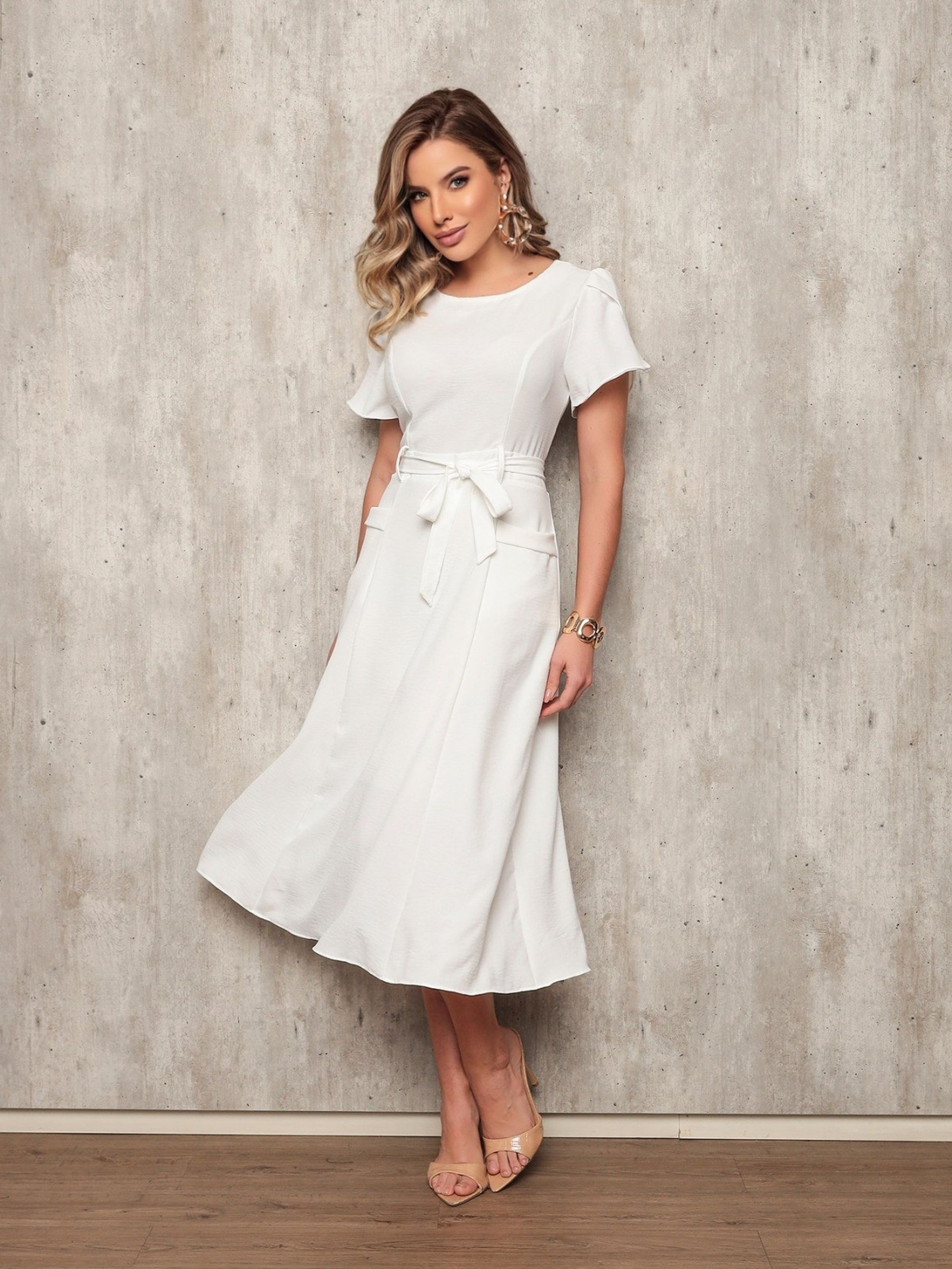 Vestido midi Duna com bolso e cinto #155