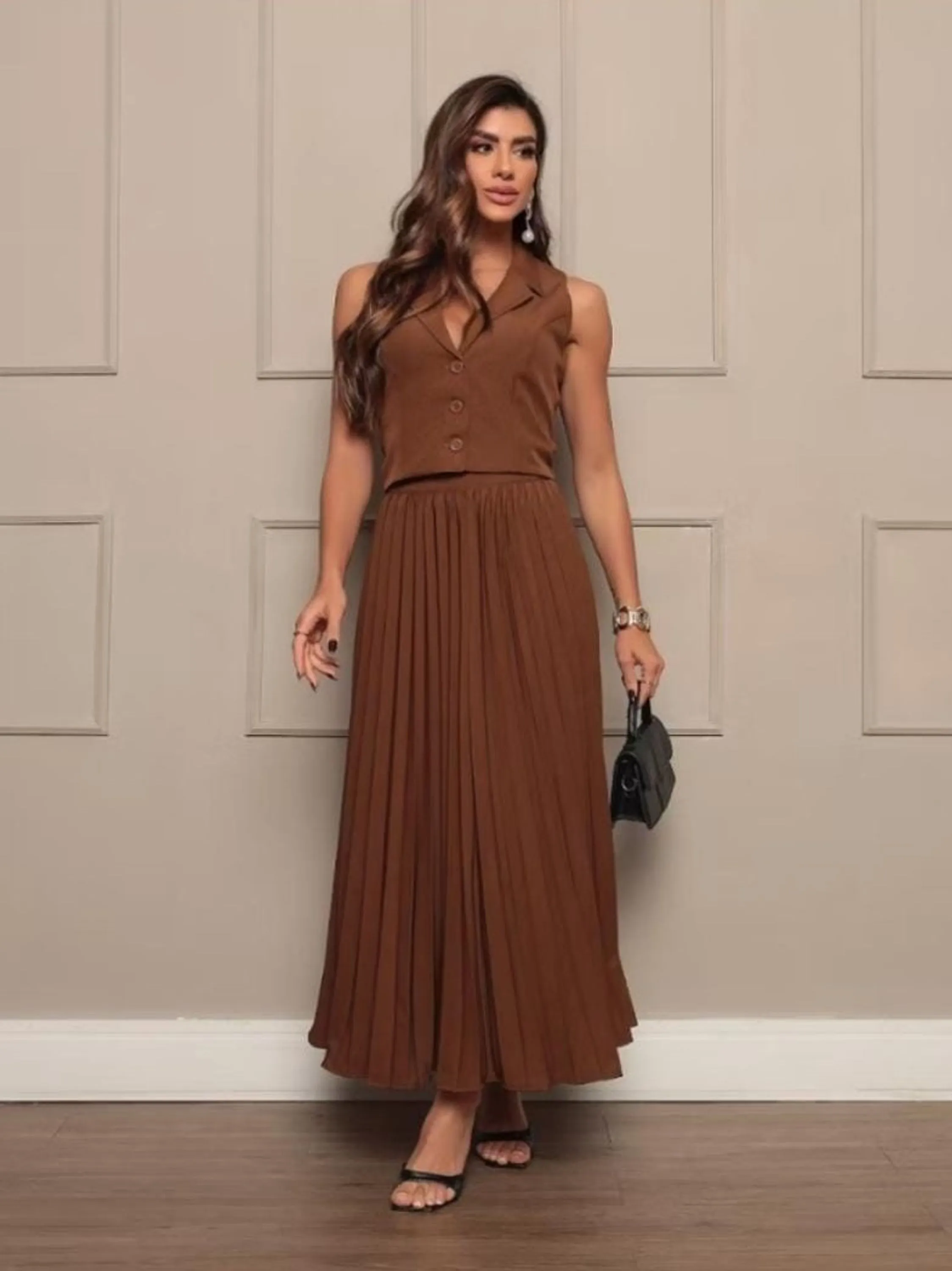 Conjunto feminino de Saia Plissada e colete #178