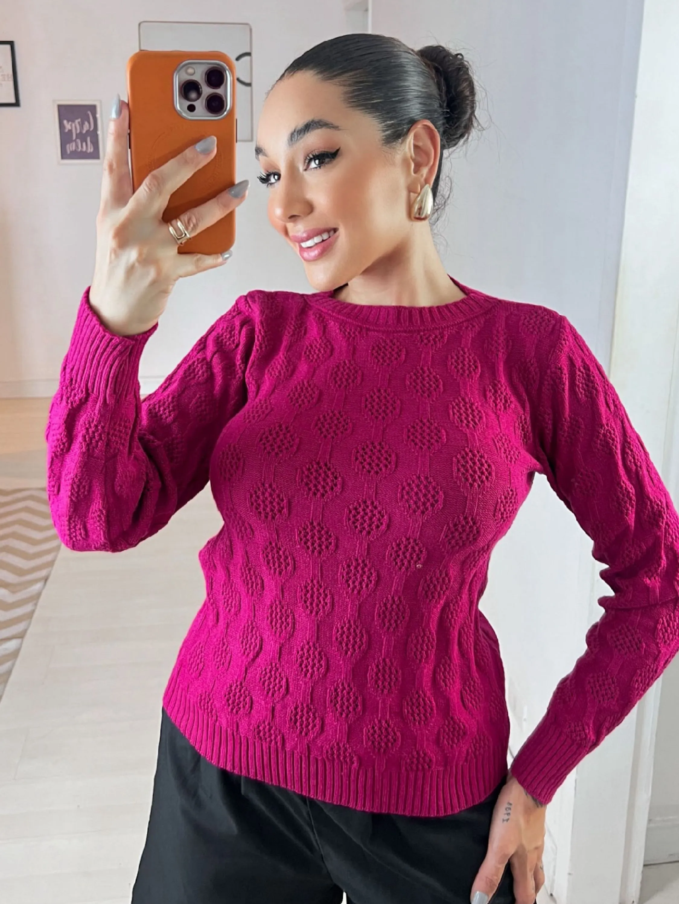 Blusa Manga longa oca com gola redonda Tricot Modal