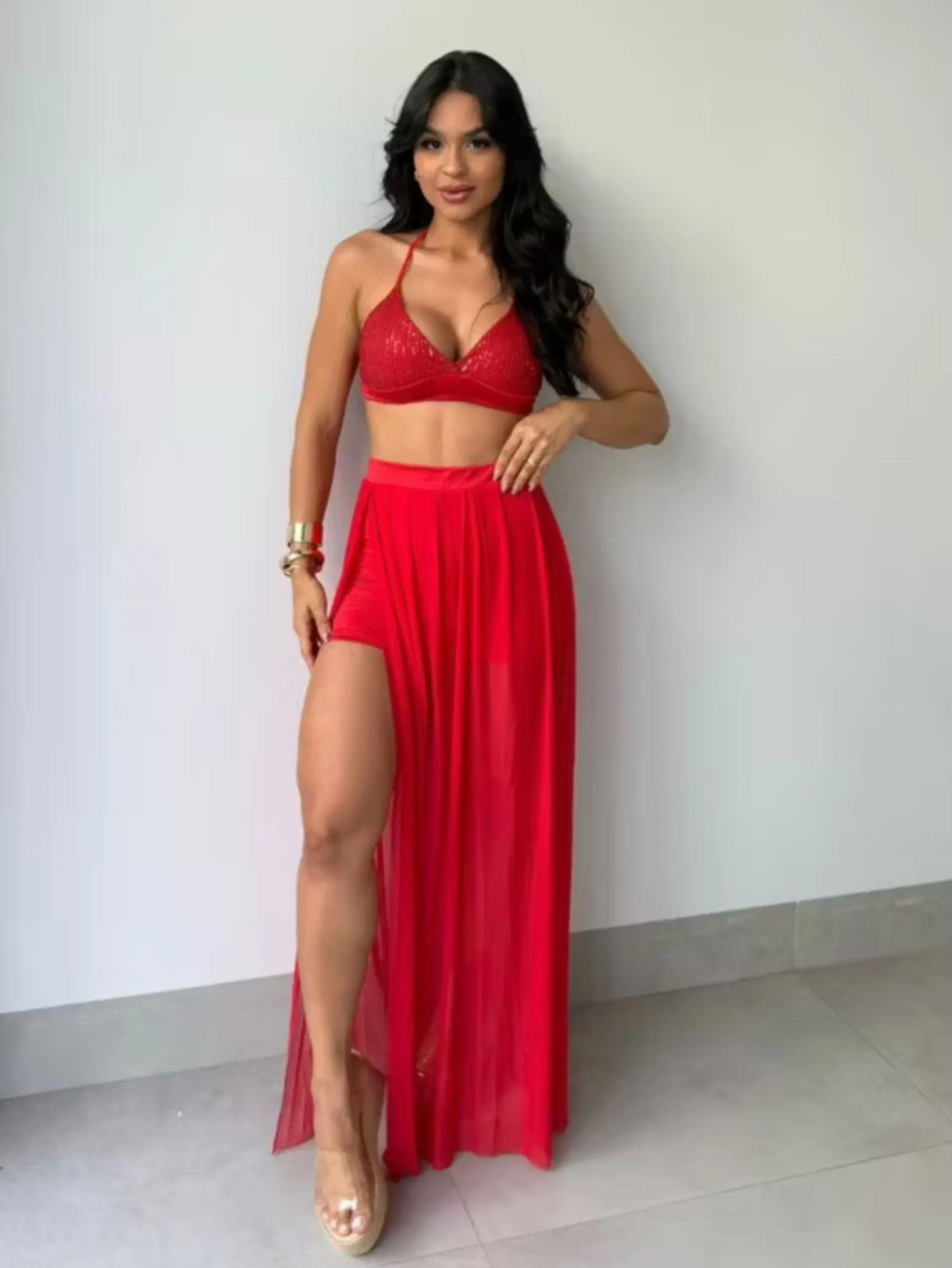 Conjunto saia Shorte fenda tule lele