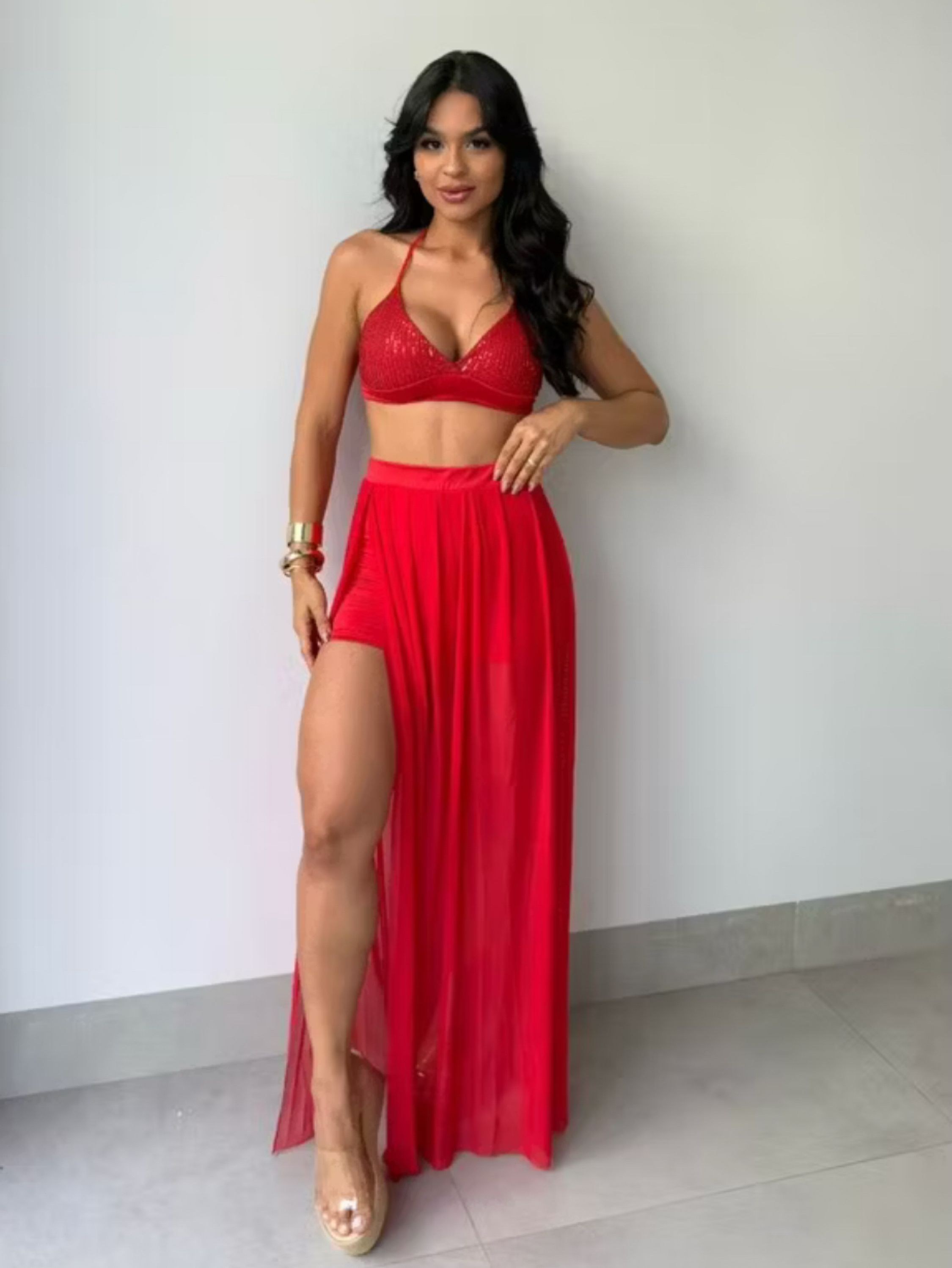 Conjunto saia Shorte fenda tule lele