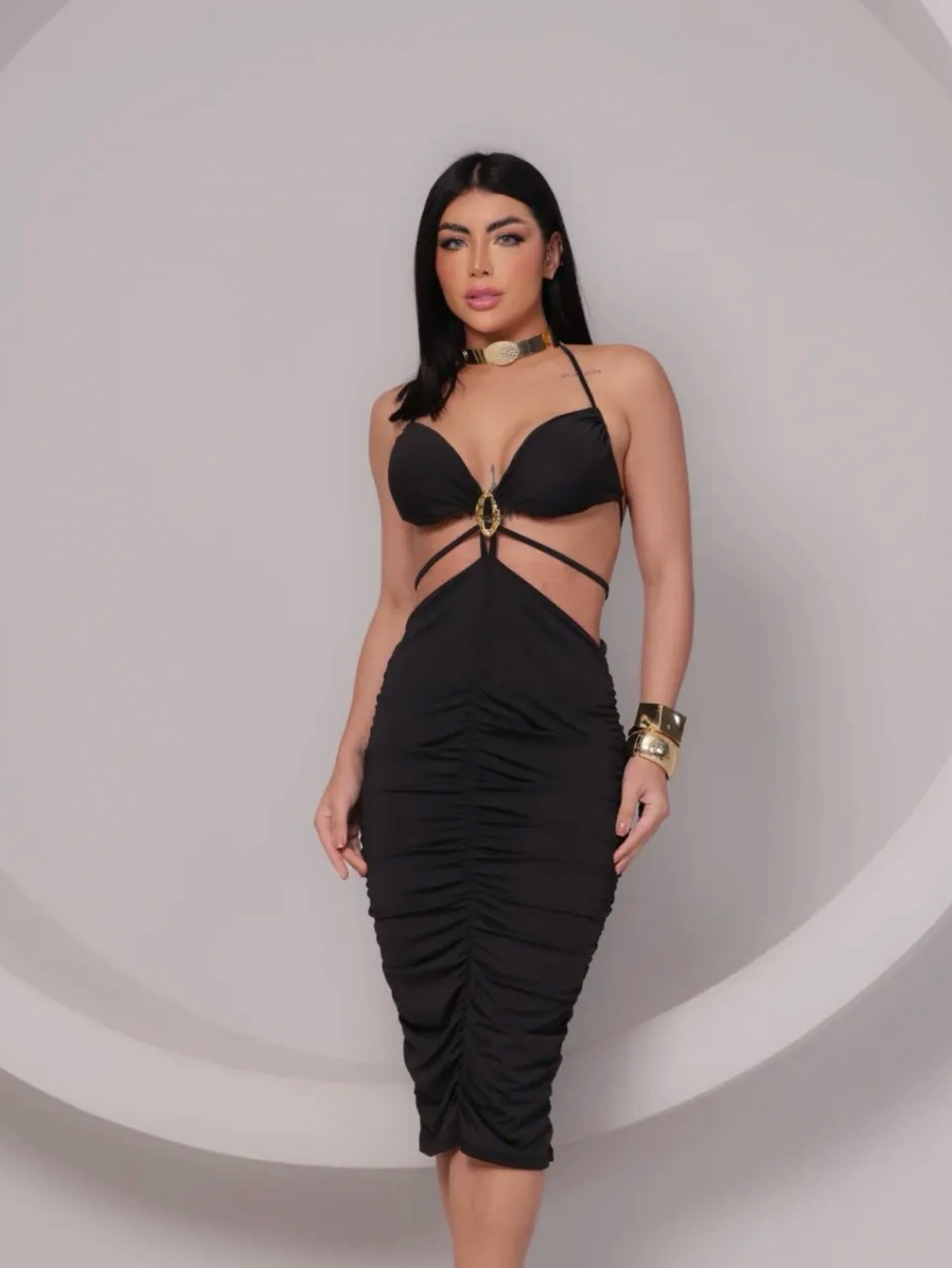 Vestido Drapeado com Fivela Moda Feminina Tendência