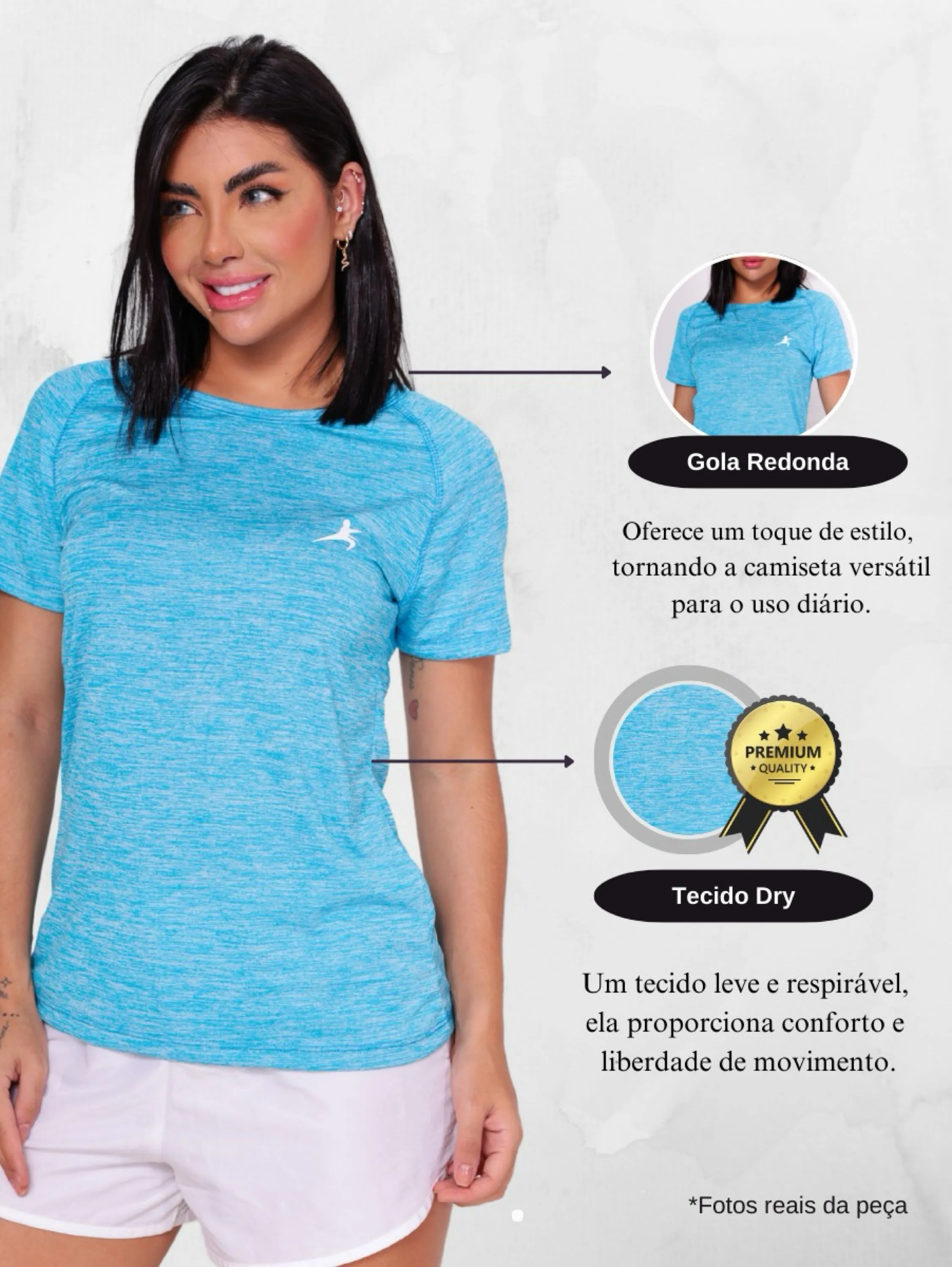 Camiseta raglan feminina poliéster p/ treino e caminhada