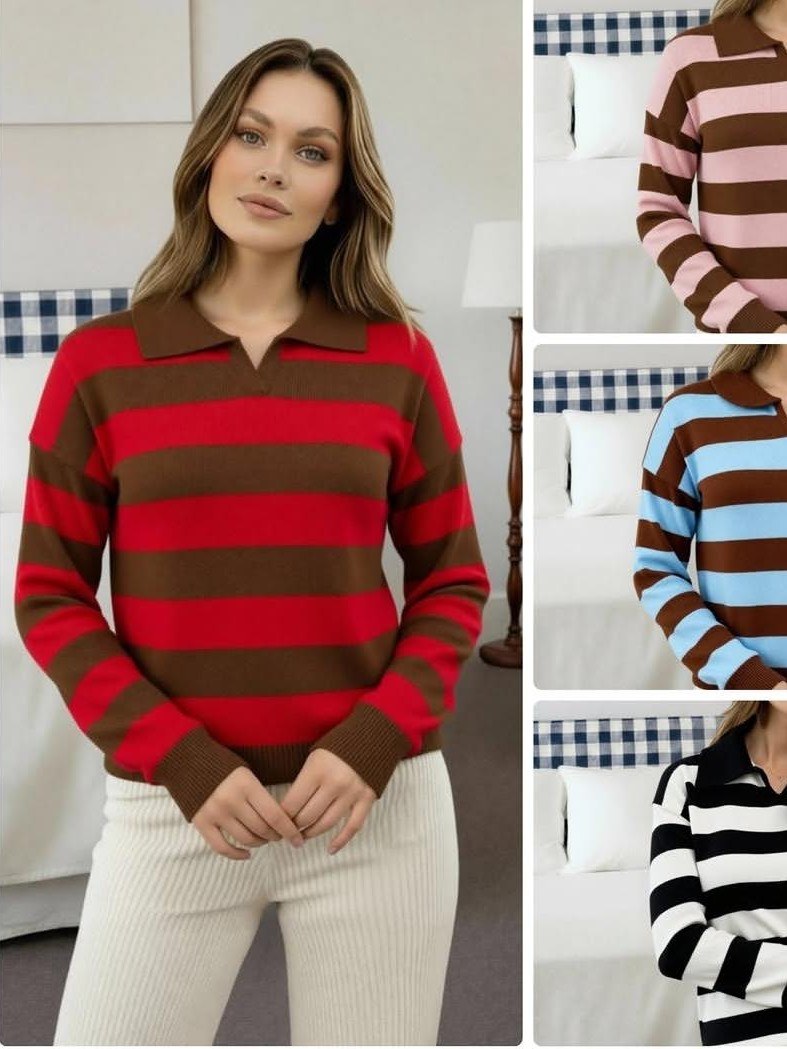 Blusa gola polo manga longa listrado de modal