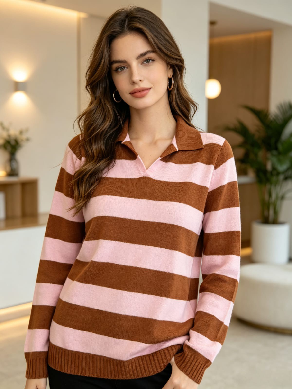 Blusa gola polo listrado manga longa de modal