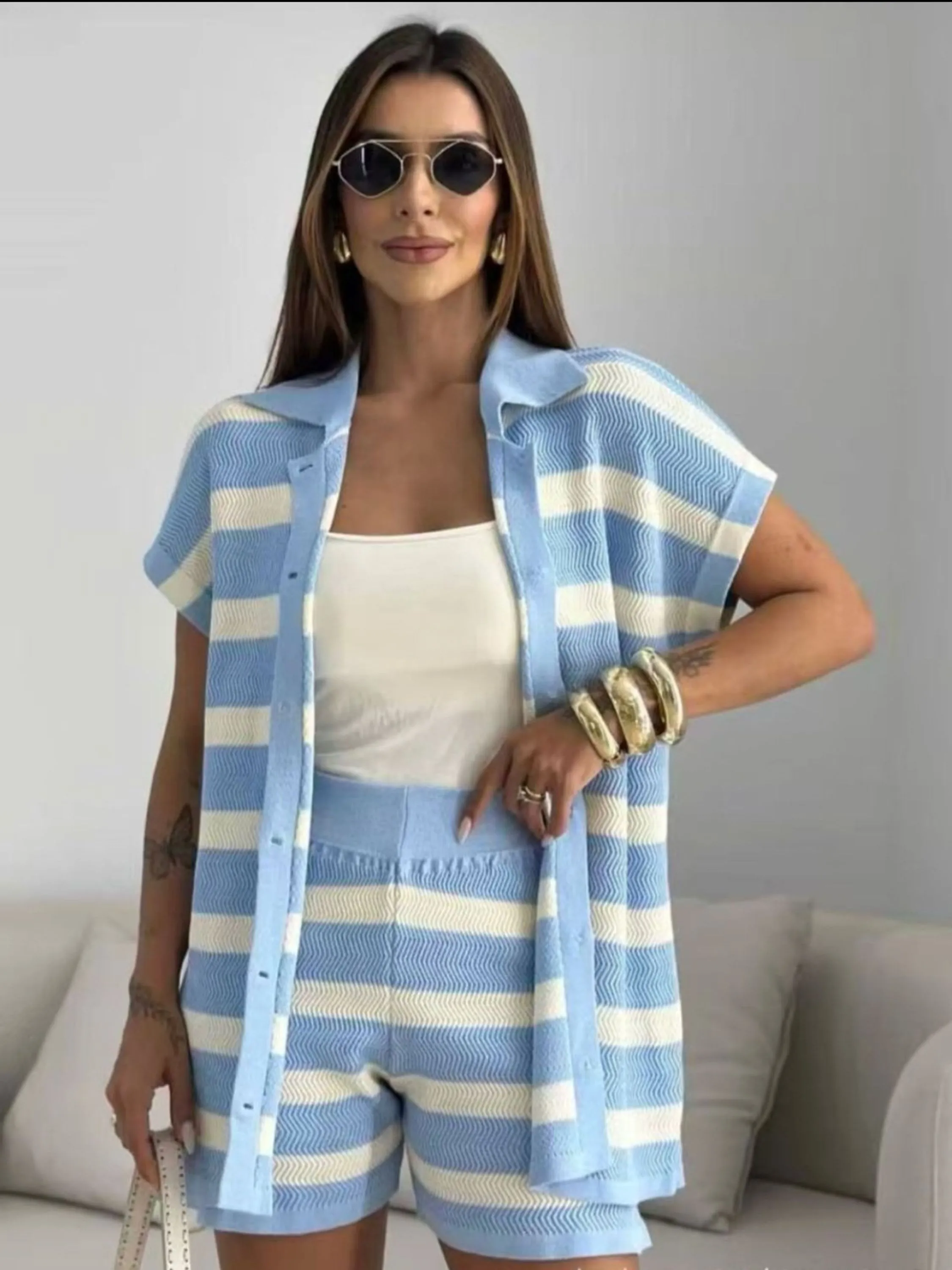 Conjunto feminina de blusa e short trico modal