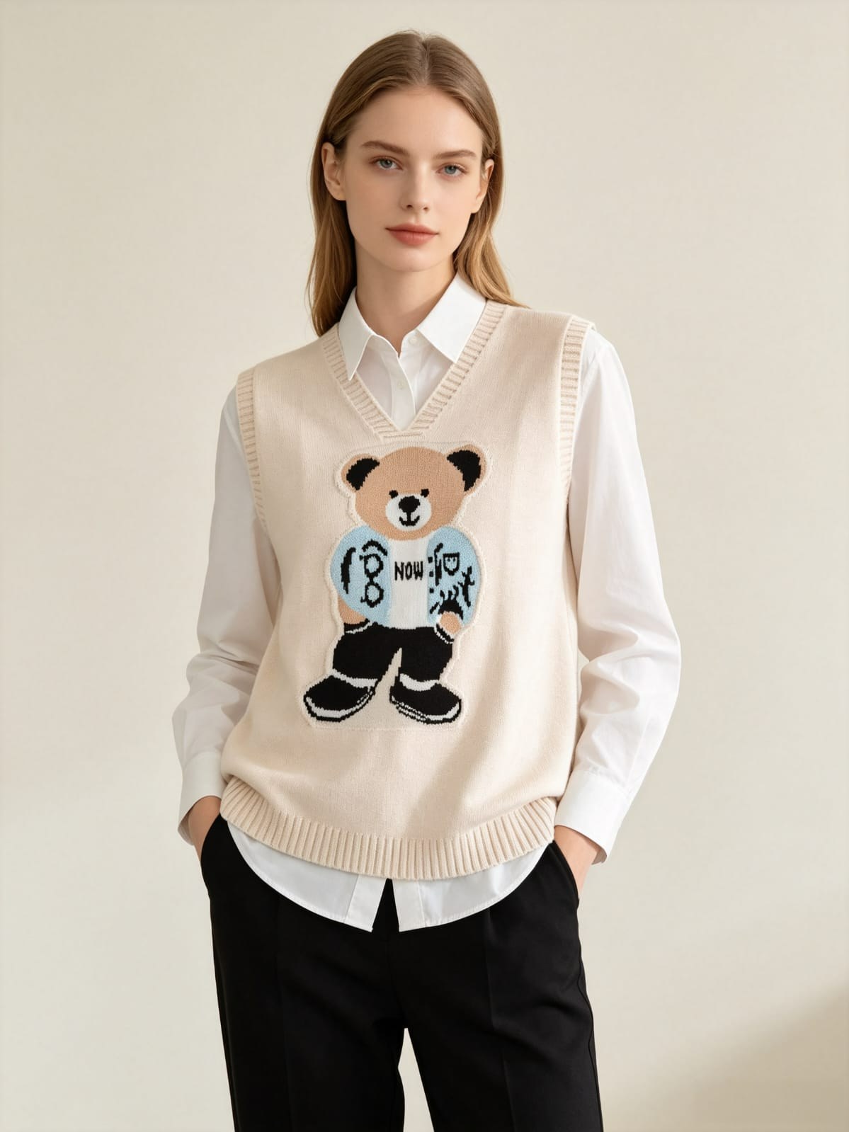 Colete Feminino Tricô Modal Urso Sem Manga Decote V