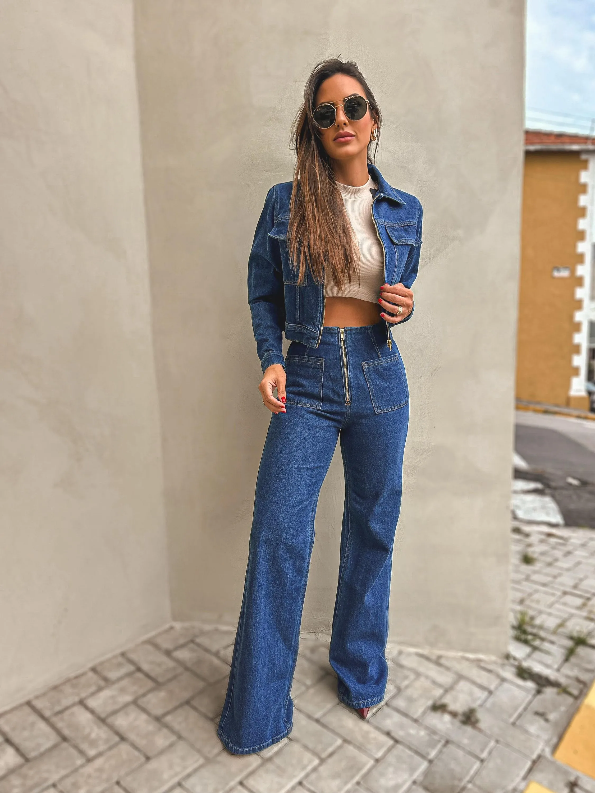 Calça Wide Leg Jeans com Ziper