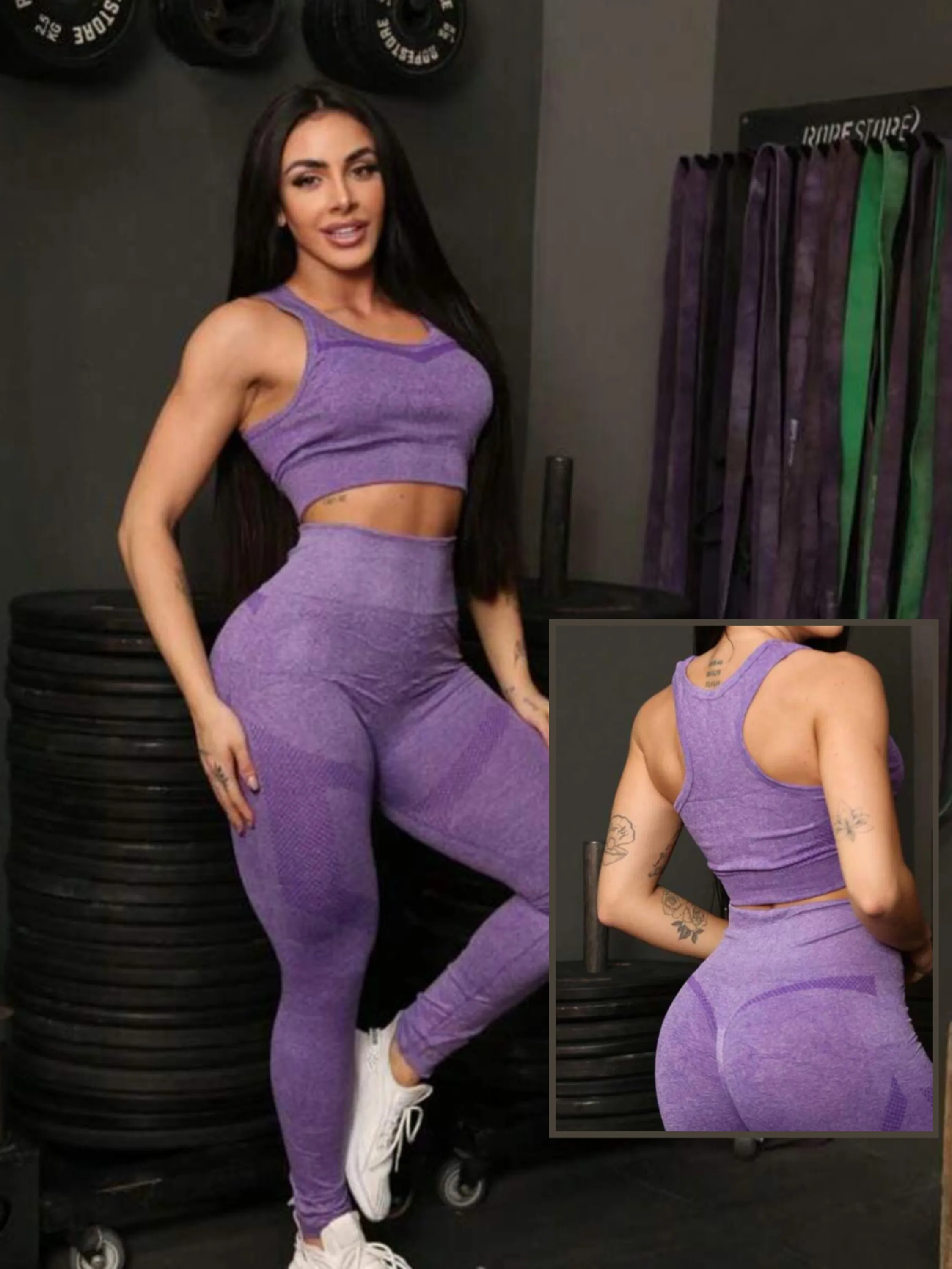 Conjunto Feminino Fitness Legging de Academia Calça  Cintura Alta e Top Empina Bumbum sem costura - Spandex