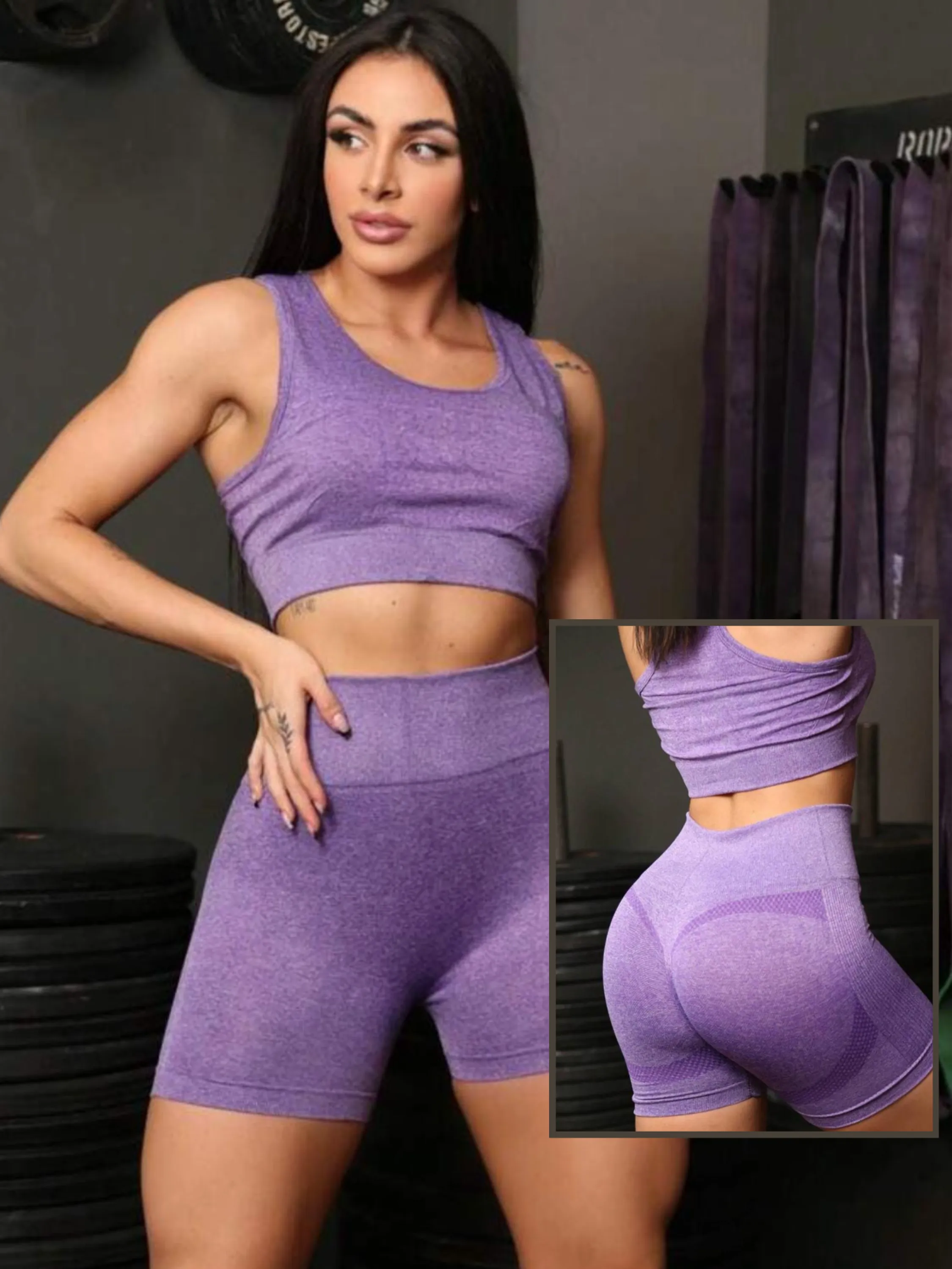 Conjunto Feminino Fitness Legging de Academia Short Cintura Alta e Top Empina Bumbum sem costura - Spandex