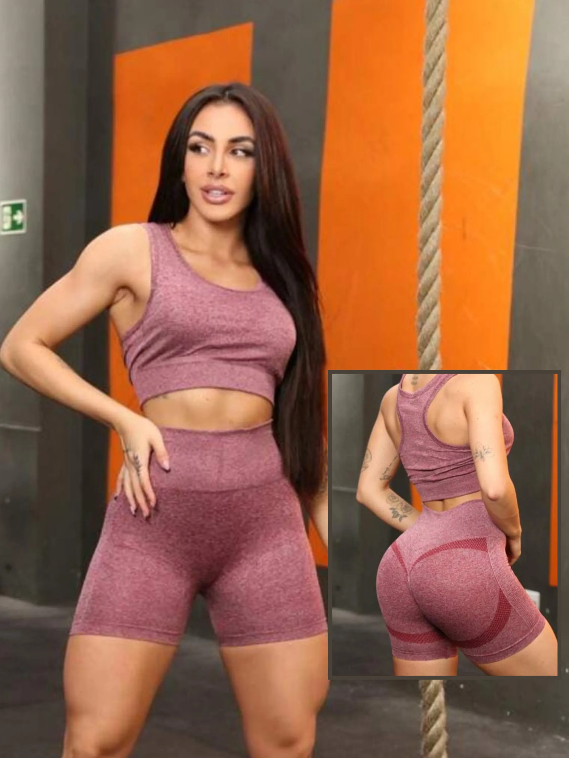 Conjunto Feminino Fitness Legging de Academia Short Cintura Alta e Top Empina Bumbum sem costura - Spandex