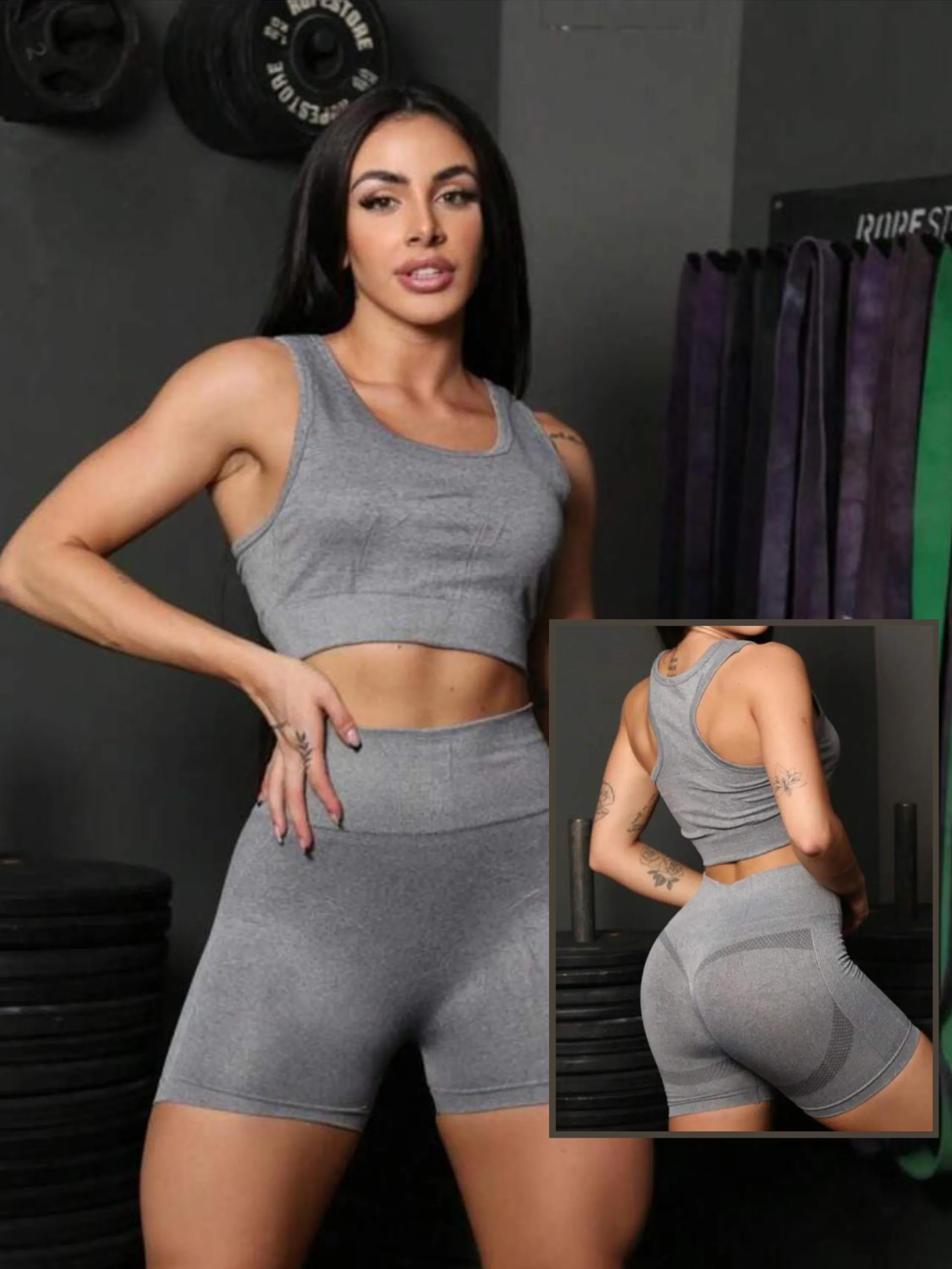 Conjunto Feminino Fitness Legging de Academia Short Cintura Alta e Top Empina Bumbum sem costura - Spandex