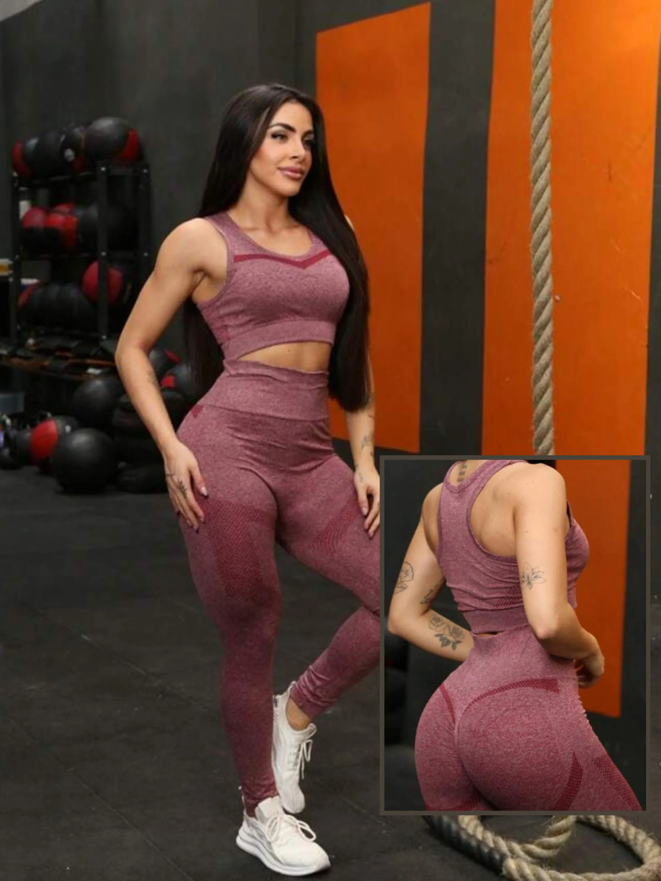 Conjunto Feminino Fitness Legging de Academia Calça  Cintura Alta e Top Empina Bumbum sem costura - Spandex