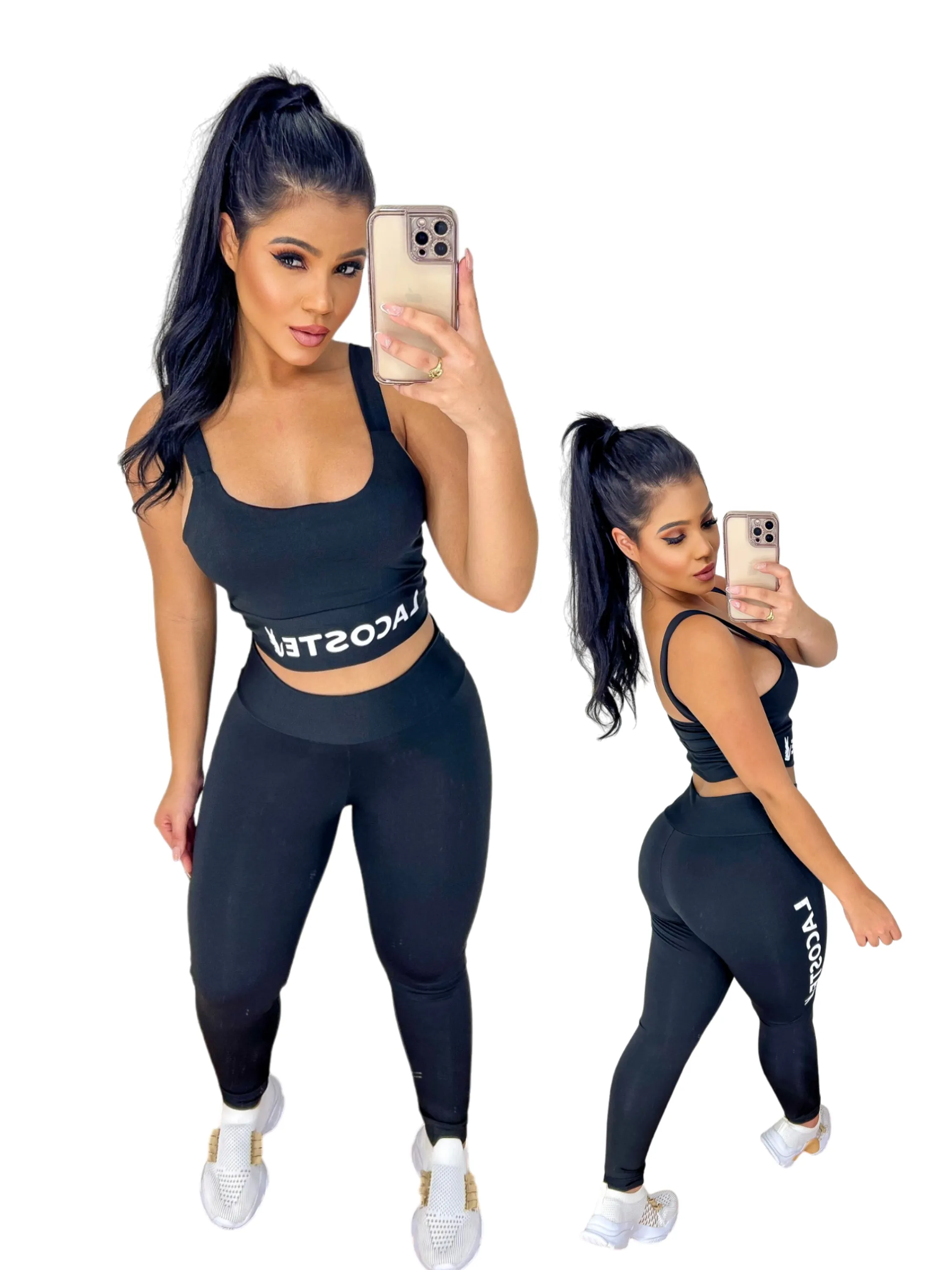 Conjunto Fitness de Academia Multimarcas - Calça Legging + Top - Lacoste - Suplex