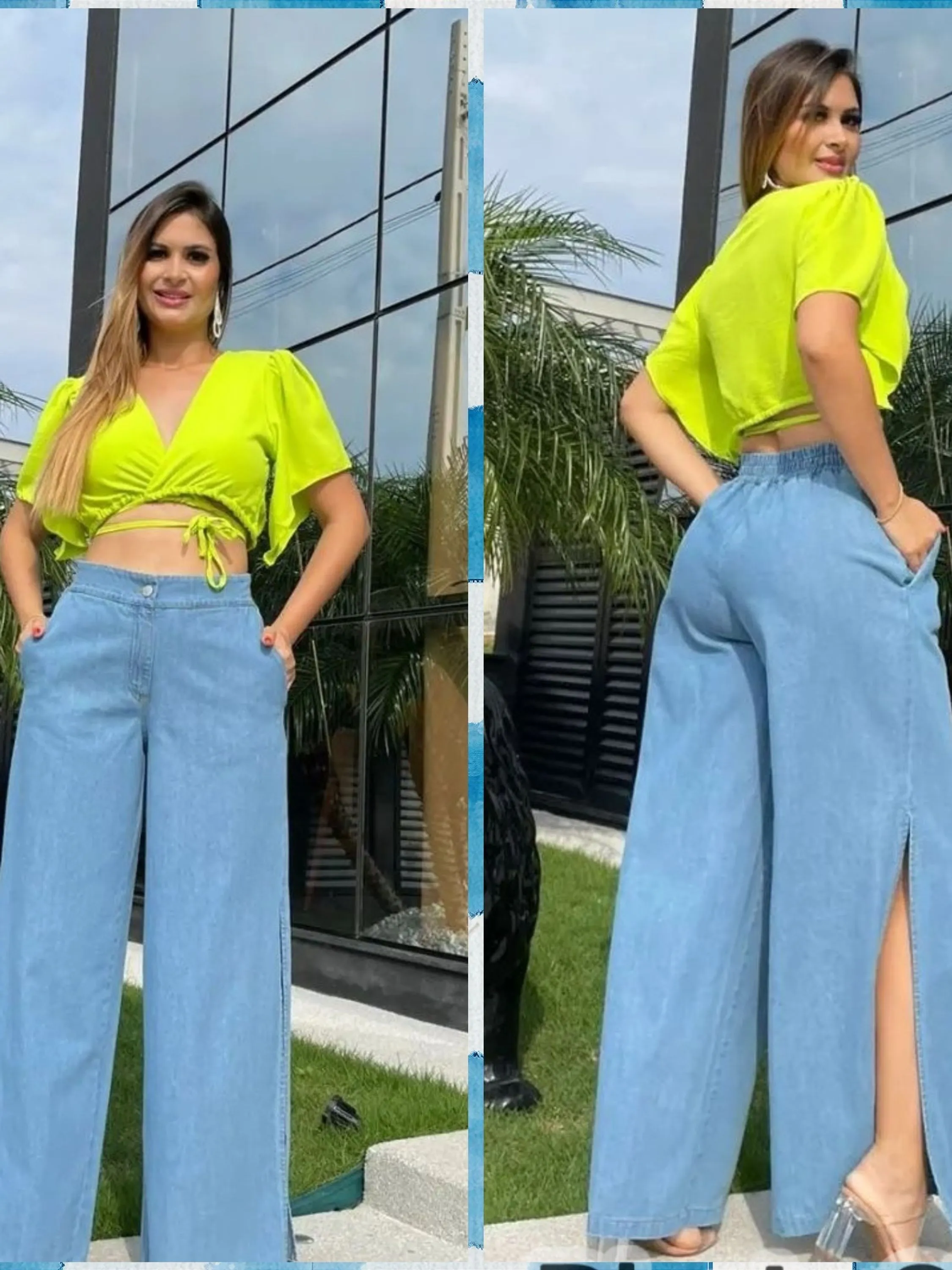 Calça pantalona em jeans com fenda