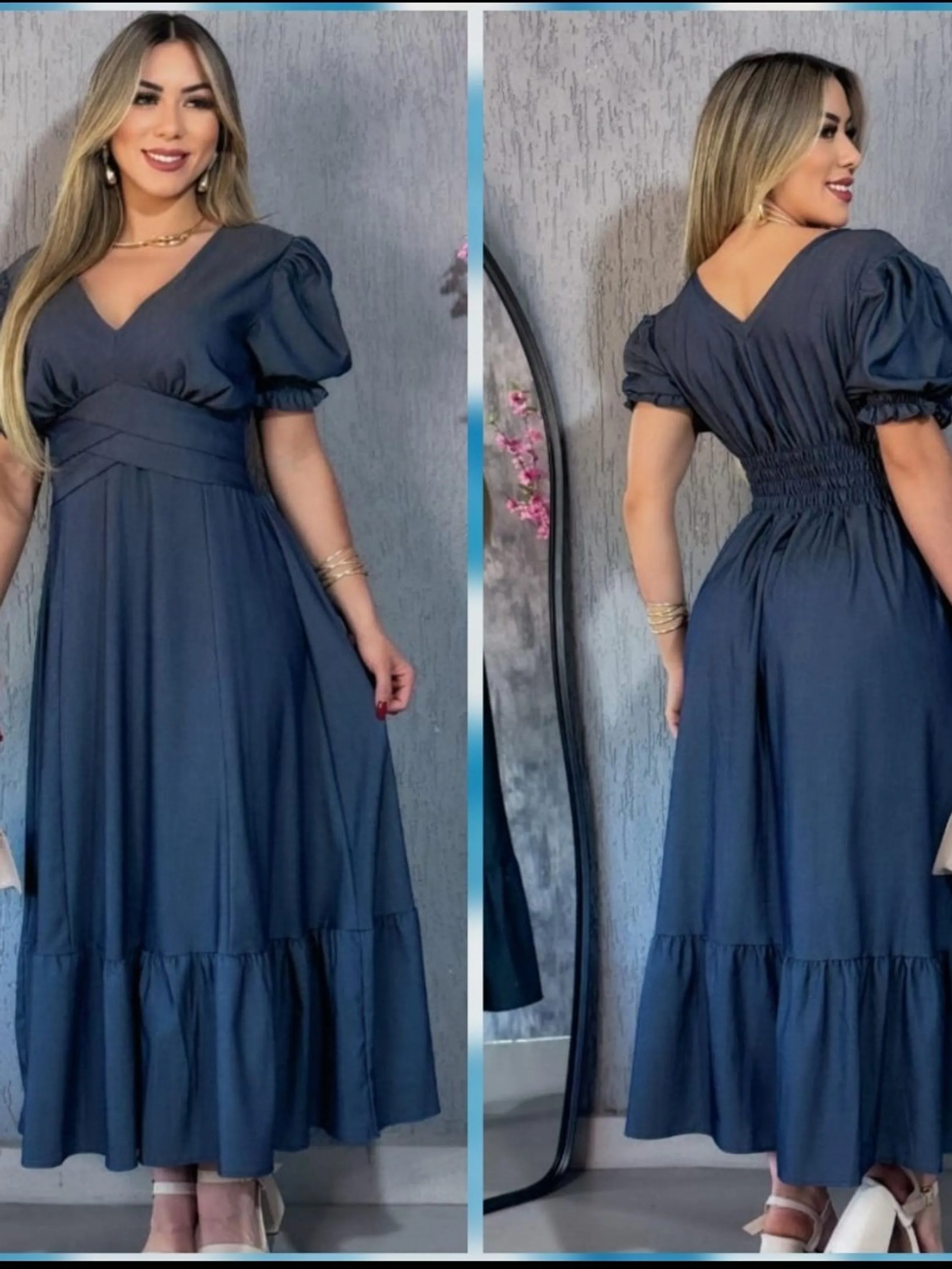 Vestido manga princesa em chambray