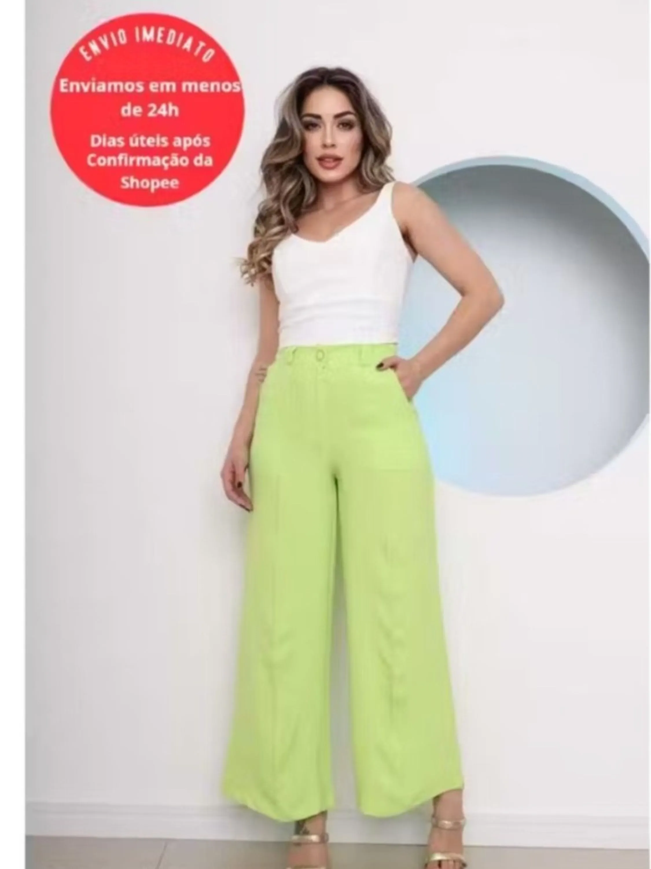 Domi Modas Calça Feminina Pantalona Duna Com Botão Wide Leg Elástico Atrás 8400