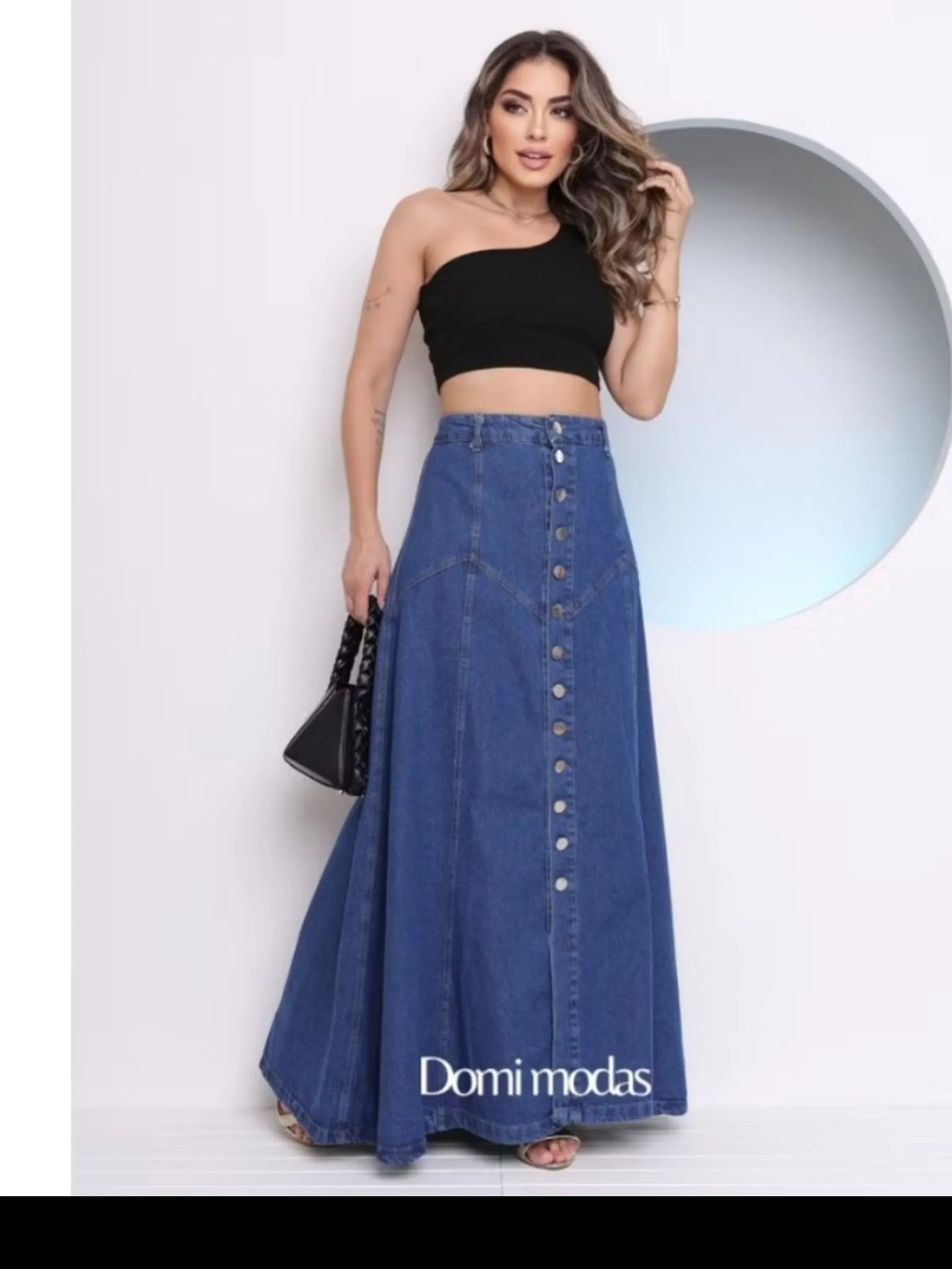 Domi modas Saia jeans Longa Botão Prata tendencia 2024 5275